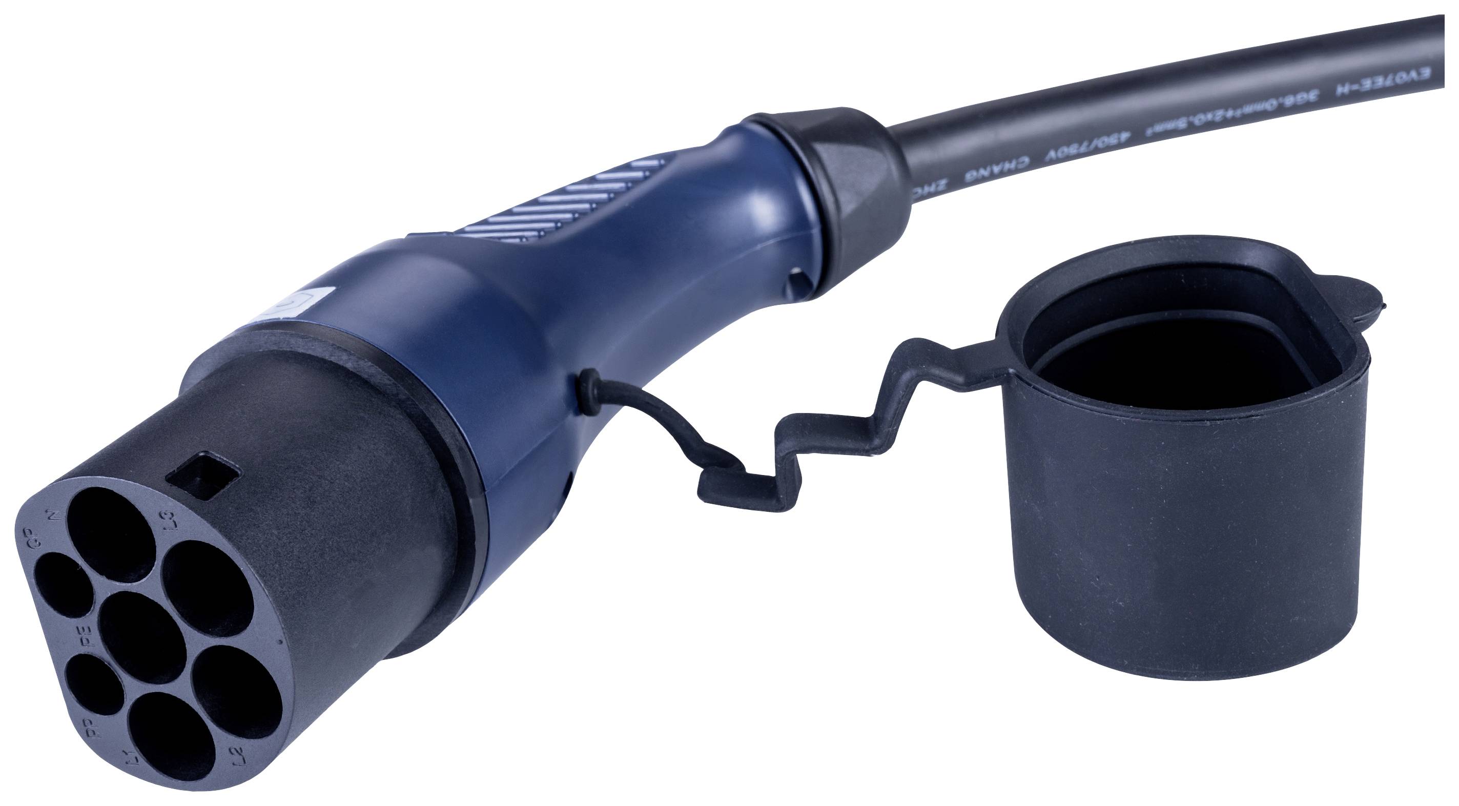 Wtyczka ładowania pojazdu elektrycznego z otwartą osłoną ochronną i wieloma otworami przyłączeniowymi, gotowa do użycia.