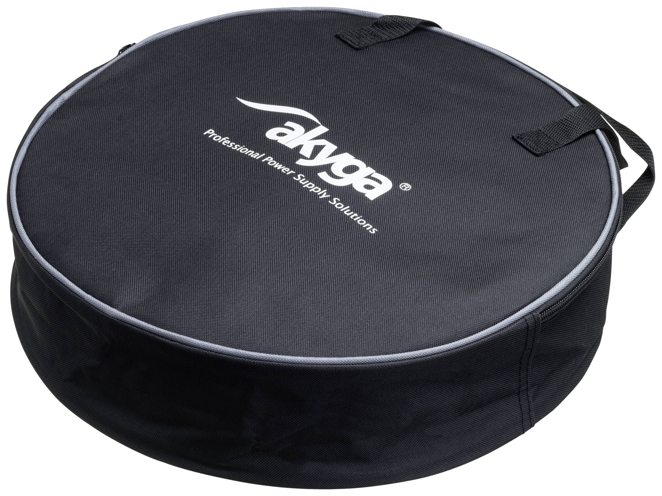 Okrągła, czarna torba z białym logo 'akyga' i hasłem 'Professional Power Supply Solutions'.