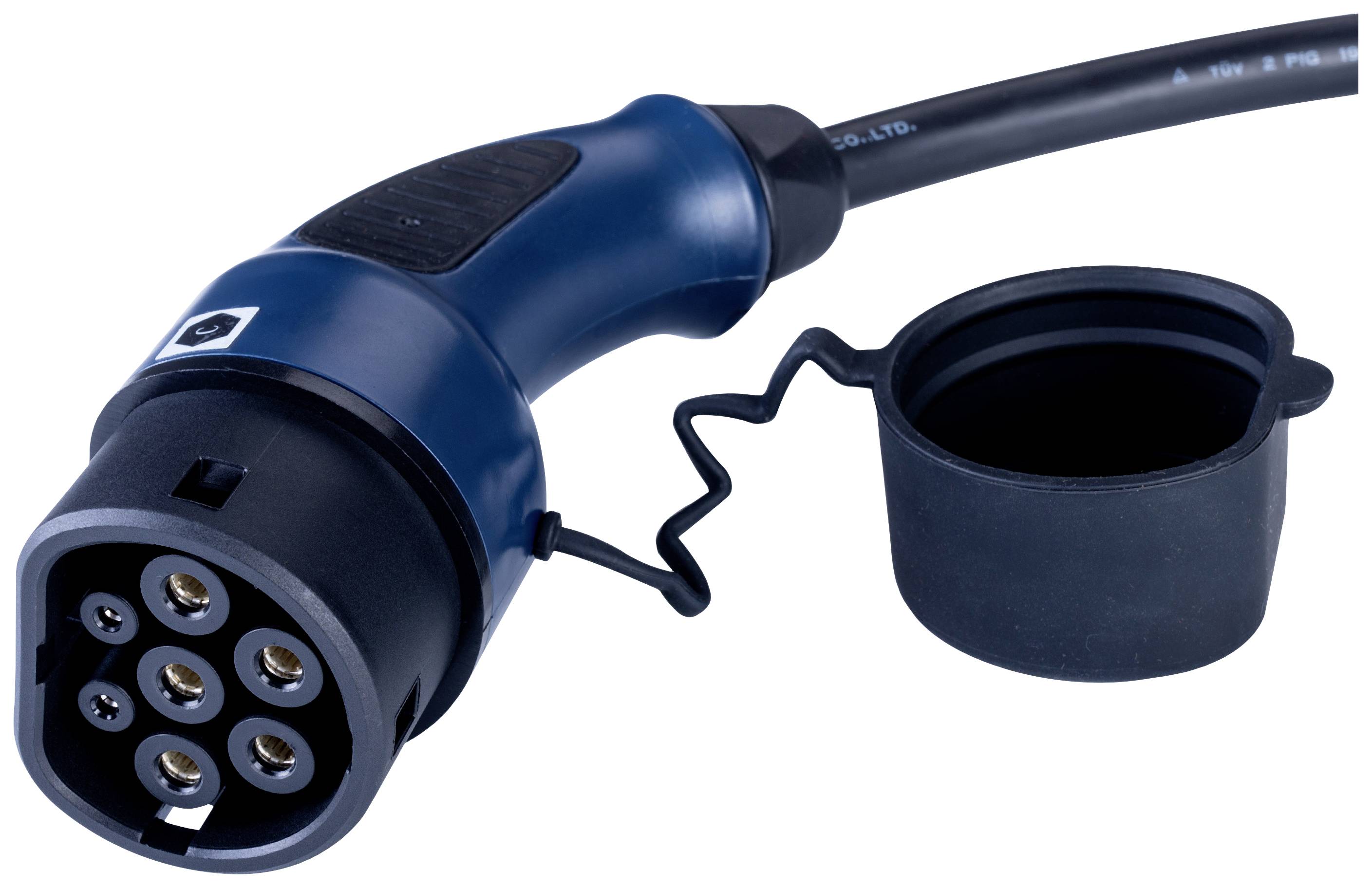 Niebieski wtyk ładowania pojazdu elektrycznego z sześcioma okrągłymi stykami metalowymi, równoległą okrągłą pokrywą i czarnym przewodem.