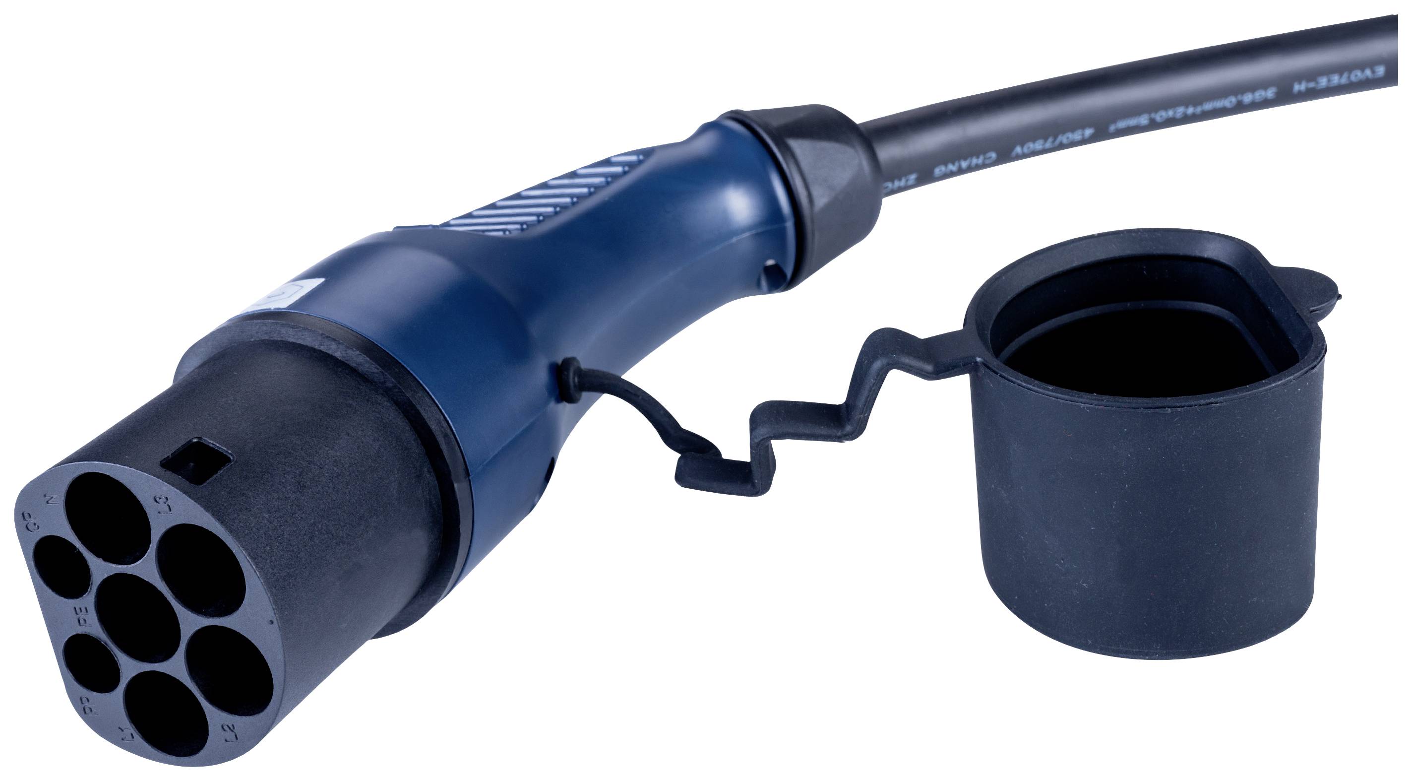 Niebieski wtyk typu 2 do stacji ładowania pojazdów elektrycznych z zdejmowaną nasadką ochronną na końcu przewodu.