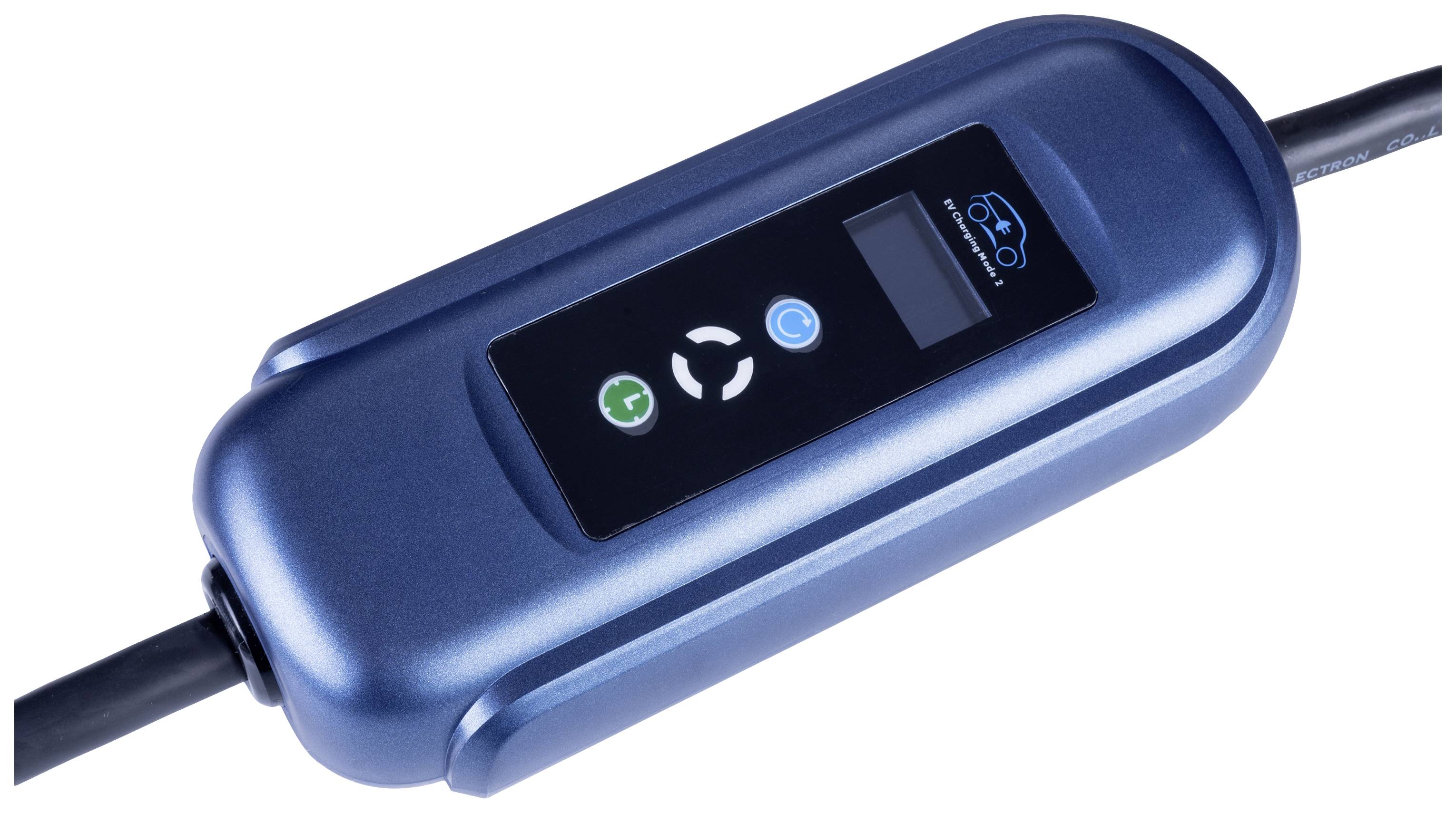 Niebieska ładowarka z wyświetlaczem i ikonami do obsługi, zamocowana na przewodzie.