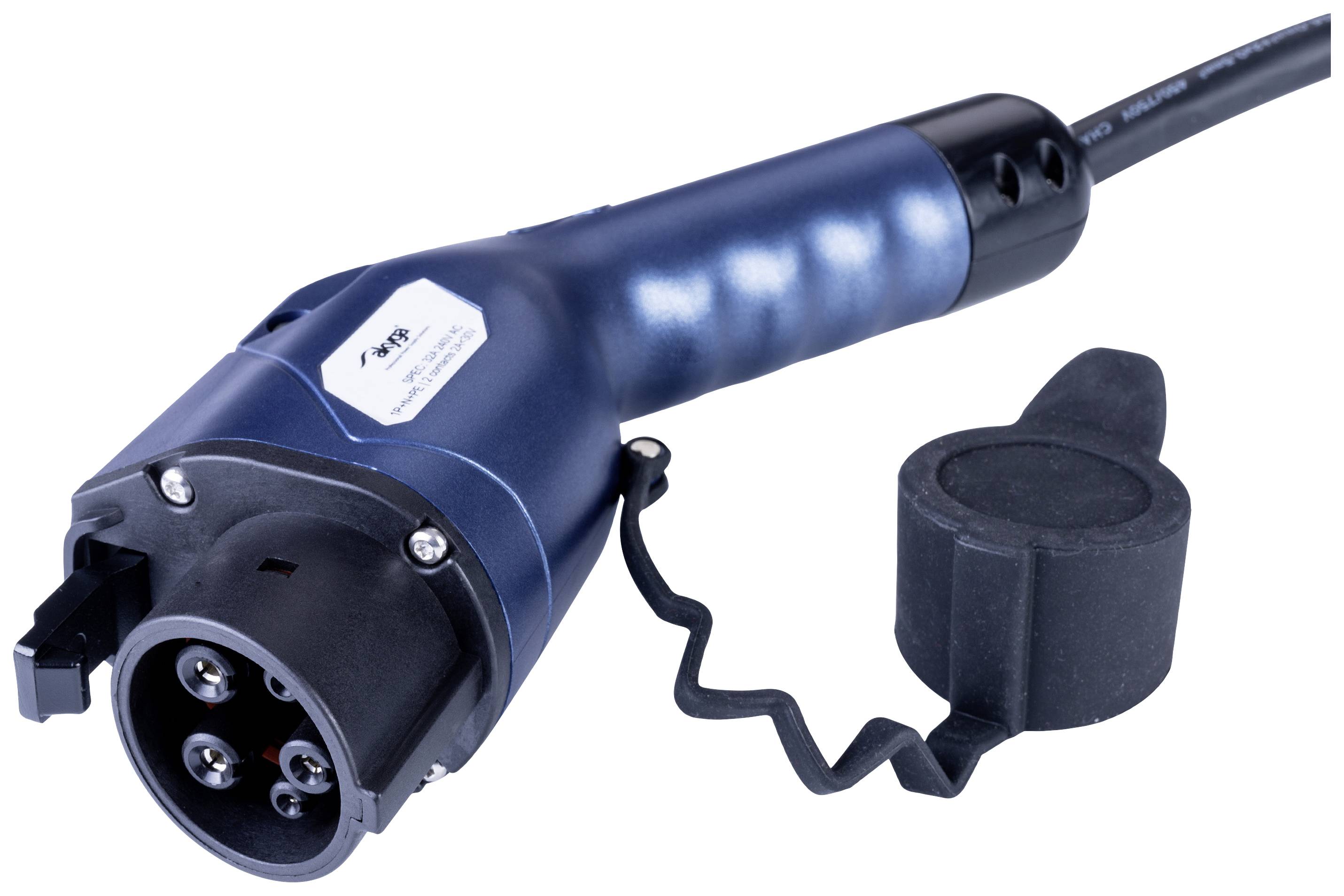 Niebieski wtyk do ładowania pojazdów elektrycznych z wieloma złączami i zdejmowaną gumową pokrywą.