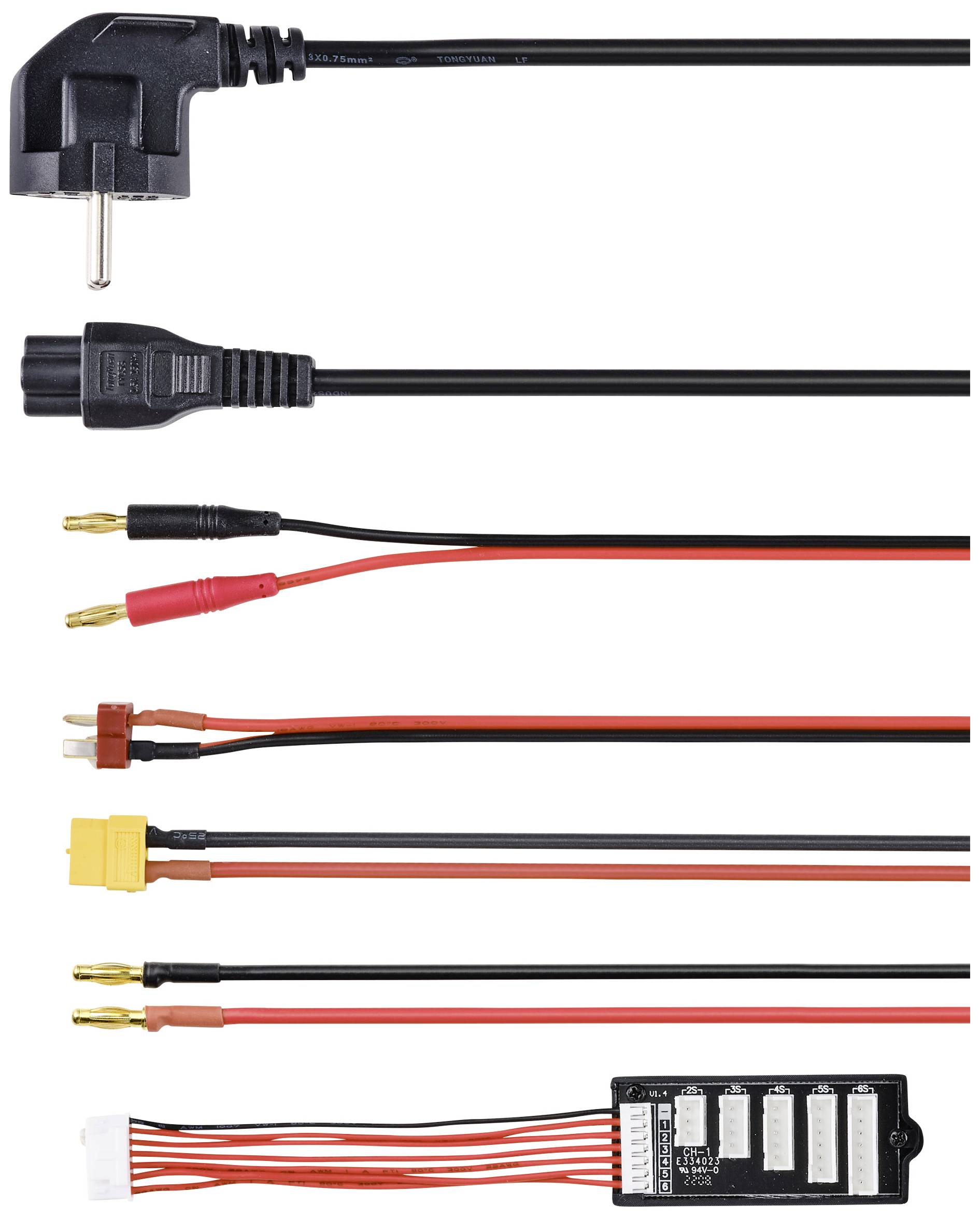 Różne rodzaje kabli do połączeń elektronicznych, w tym wtyczki europejskie i adaptery z różnymi złączami.