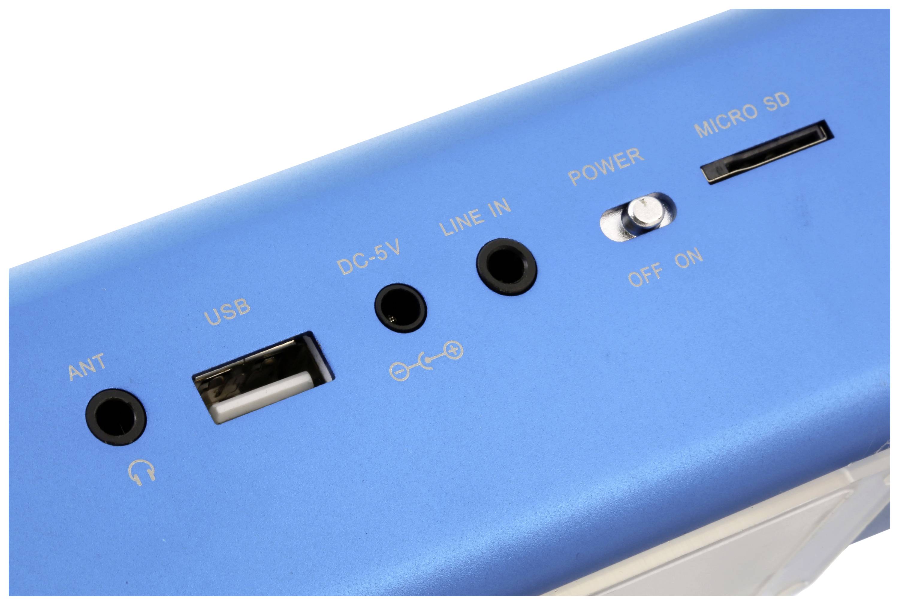 Złącza niebieskiego urządzenia elektronicznego: ANT, USB, DC-5V, LINE IN, przełącznik zasilania (ON/OFF), MICRO SD i słuchawki.