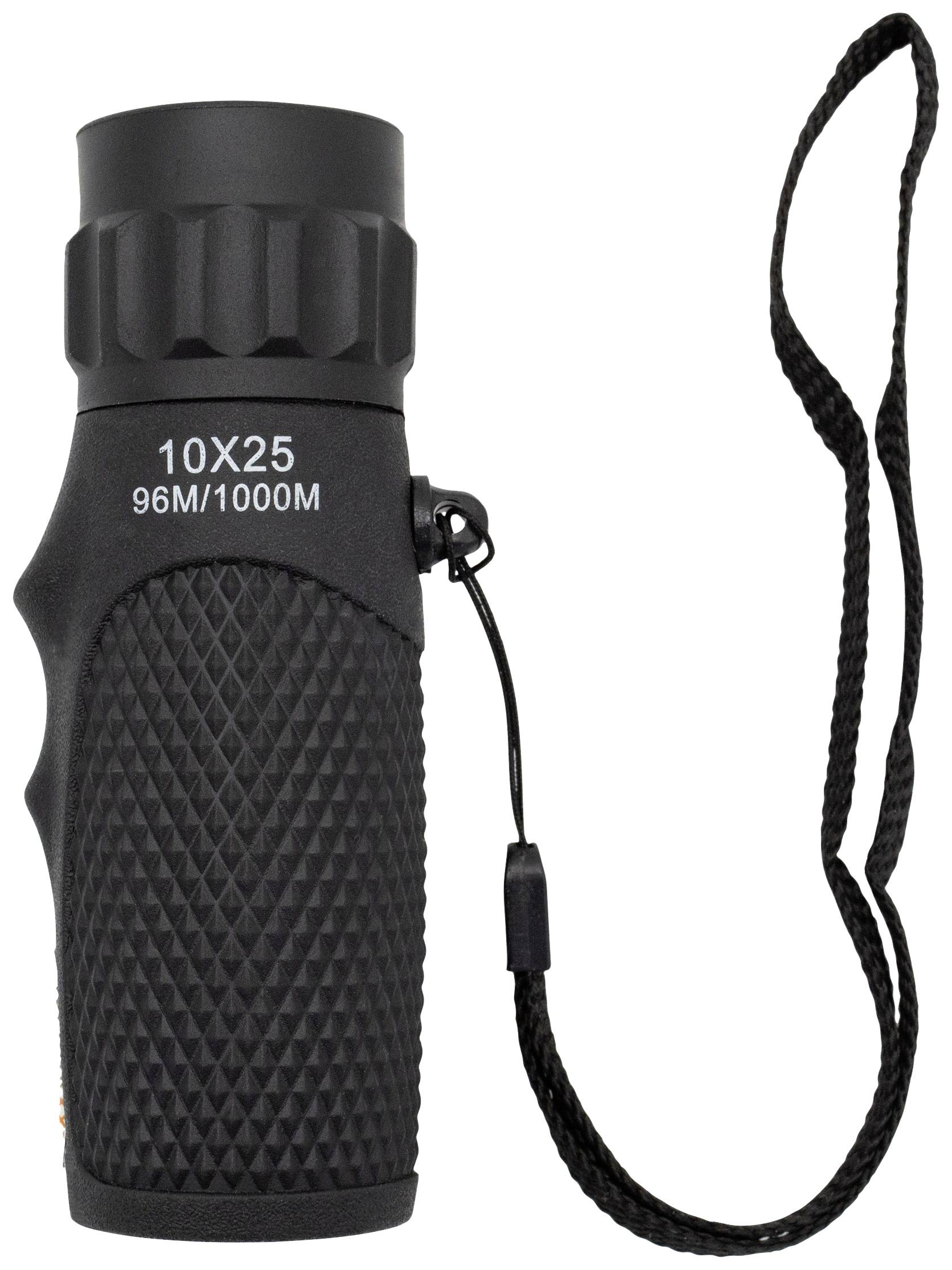 Czarna lornetka z paskiem, z napisem '10x25, 96M/1000M'.
