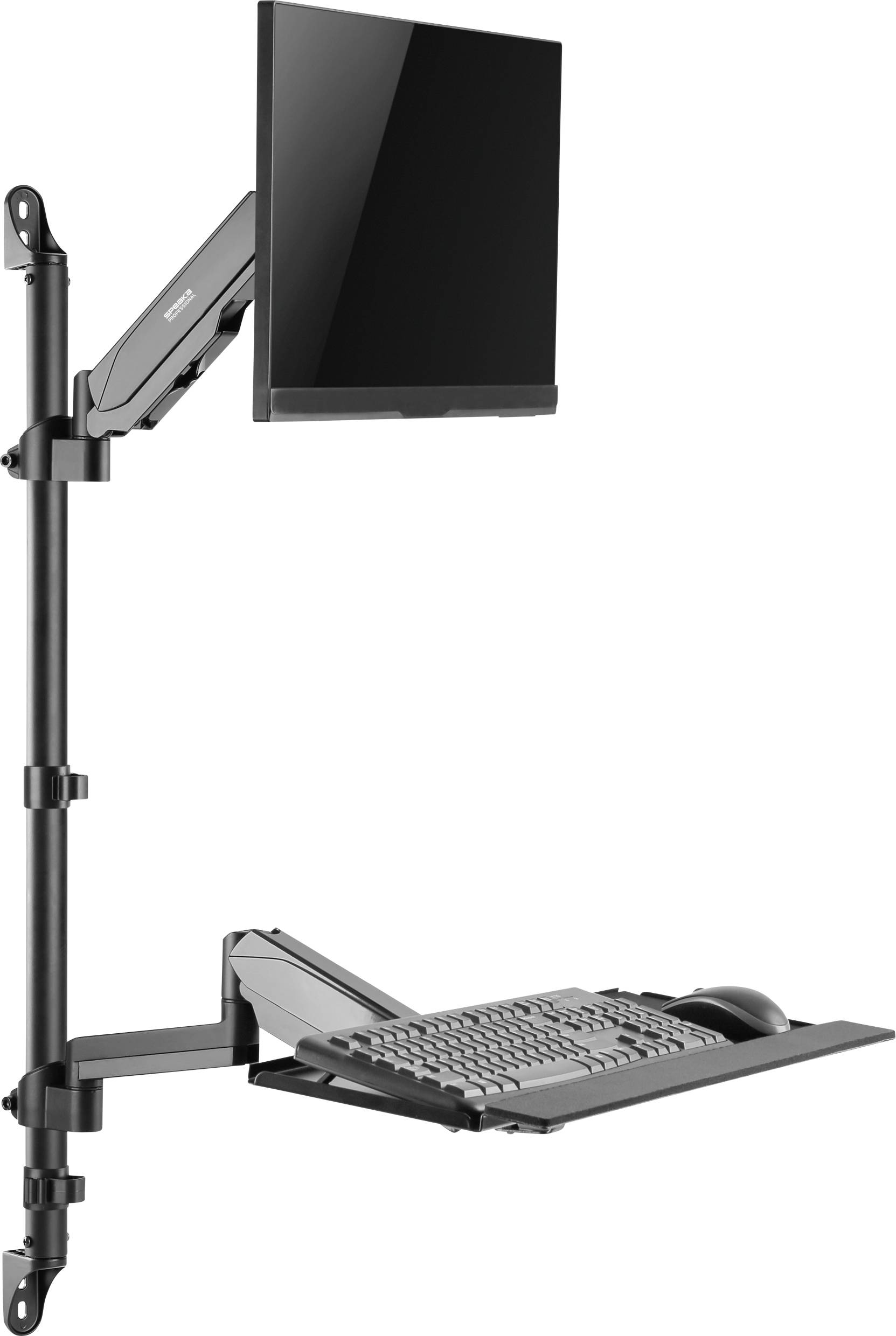 Uchwyt naścienny do monitora LCD z półką na klawiaturę. Regulowany, umożliwiający ergonomiczną pracę na stojąco lub siedząco.
