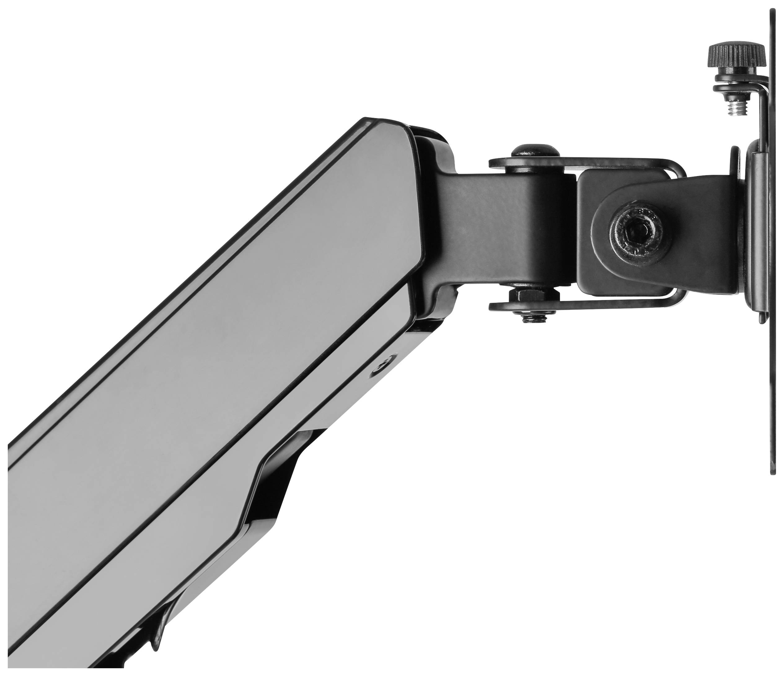 Ramię obrotowe do monitora, zamontowane na uchwycie ściennym. Ramię jest regulowane i utrzymane w nowoczesnym stylu.