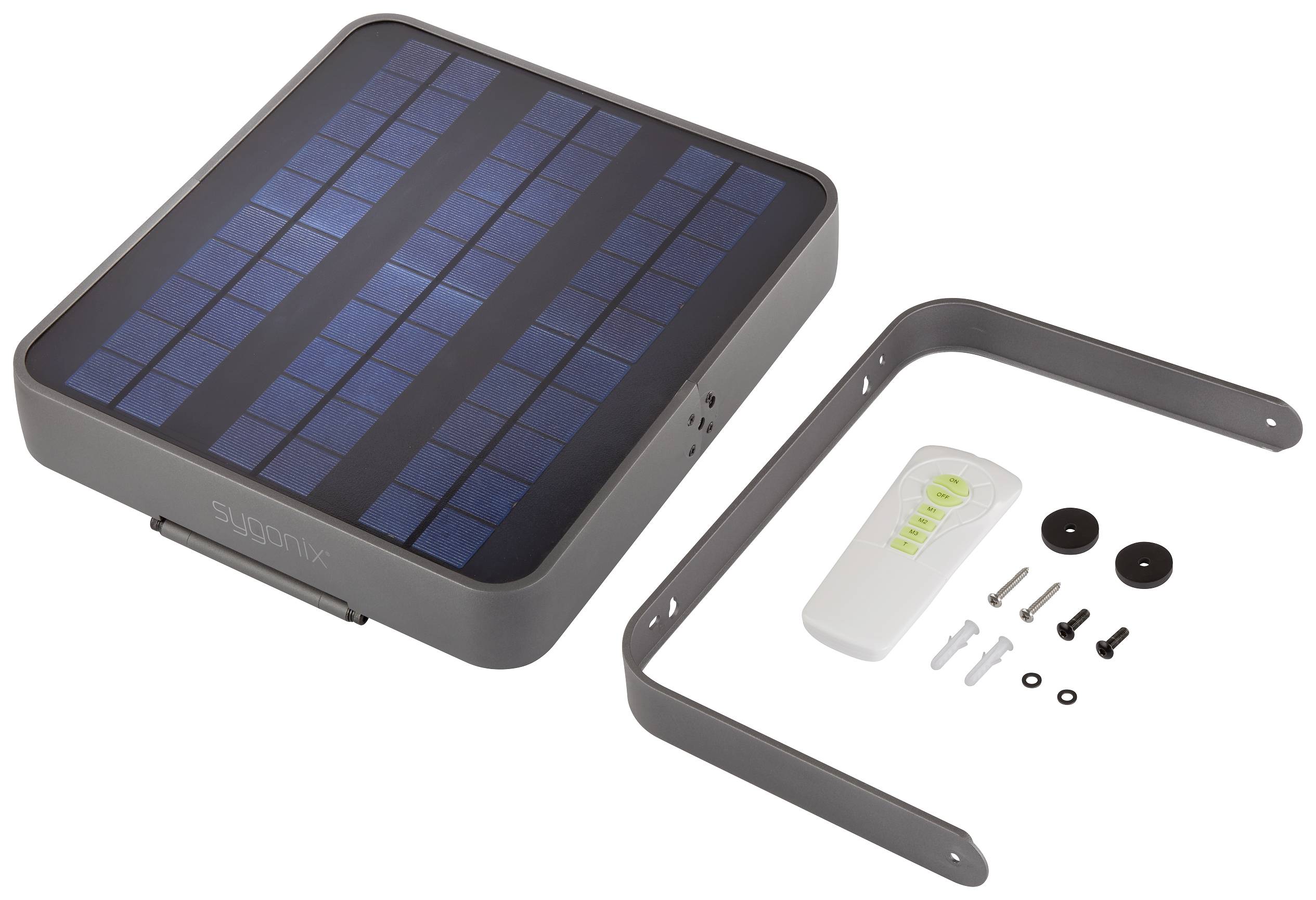 Lampa solarna z czarnym panelem słonecznym, uchwytami, pilotem i śrubami mocującymi na białym tle.