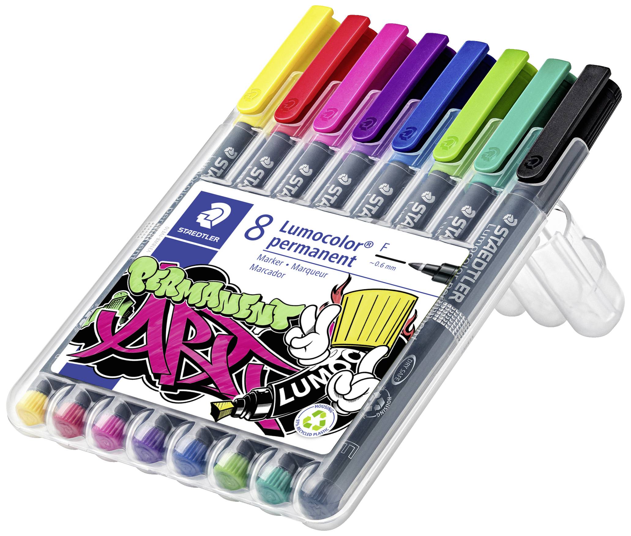 8 kolorowych markerów permanentnych w przezroczystym etui z napisem 'Permanent Art'.