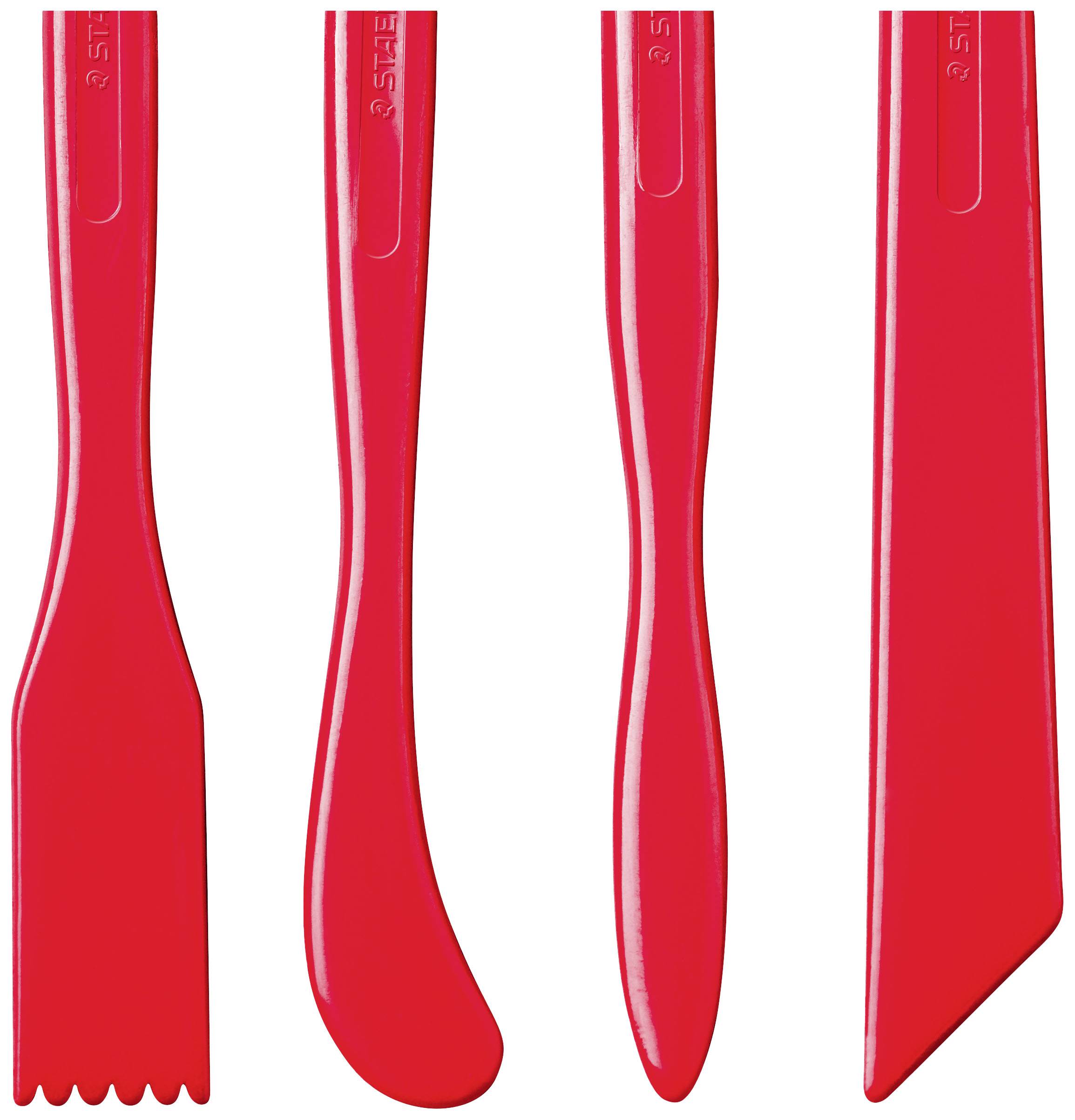 Cztery czerwone noże plastikowe o różnych kształtach ostrzy są ułożone pionowo.