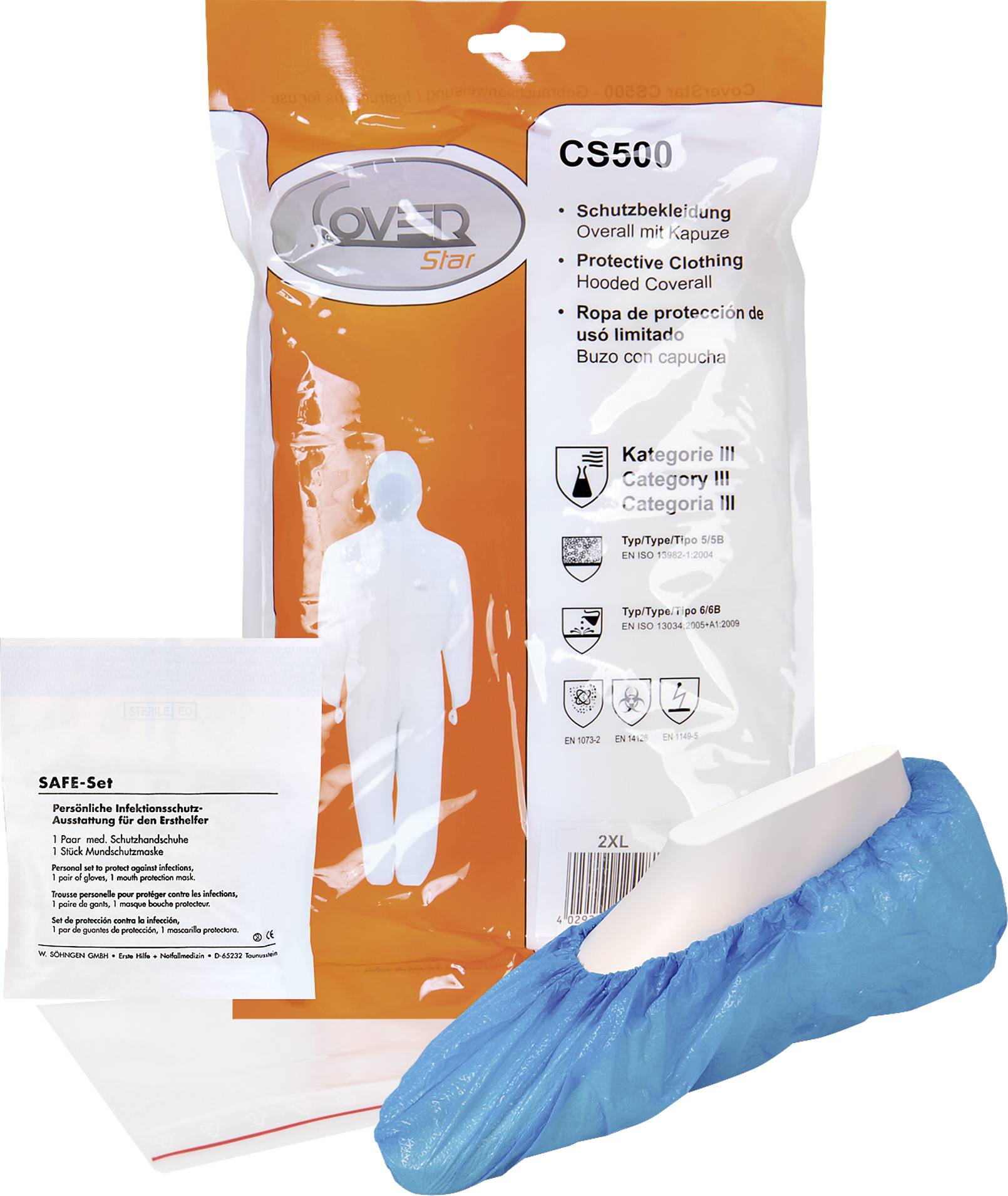 Opakowanie kombinezonu ochronnego z kapturem, kategoria III, typ 5/6. Zawiera również parę niebieskich ochraniaczy na buty. Nazwa handlowa 'Cover Star'.
