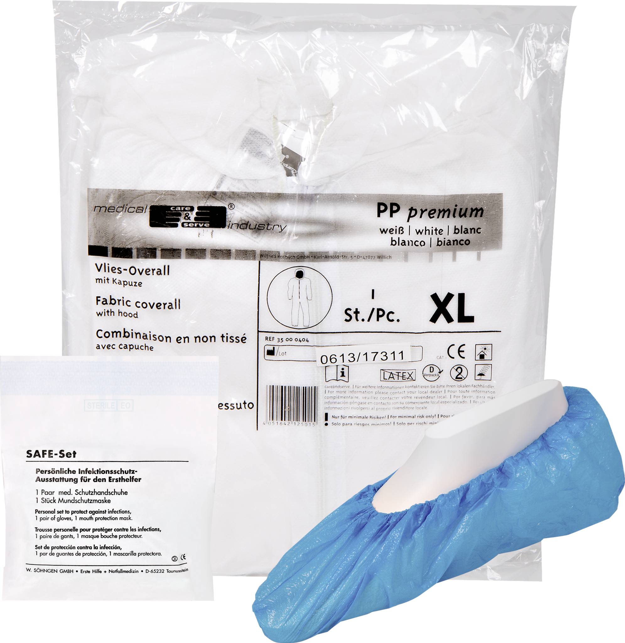 Jednorazowy kombinezon w przezroczystym opakowaniu, rozmiar XL, z niebieskimi nakładkami na buty i instrukcją zestawu SAFE.