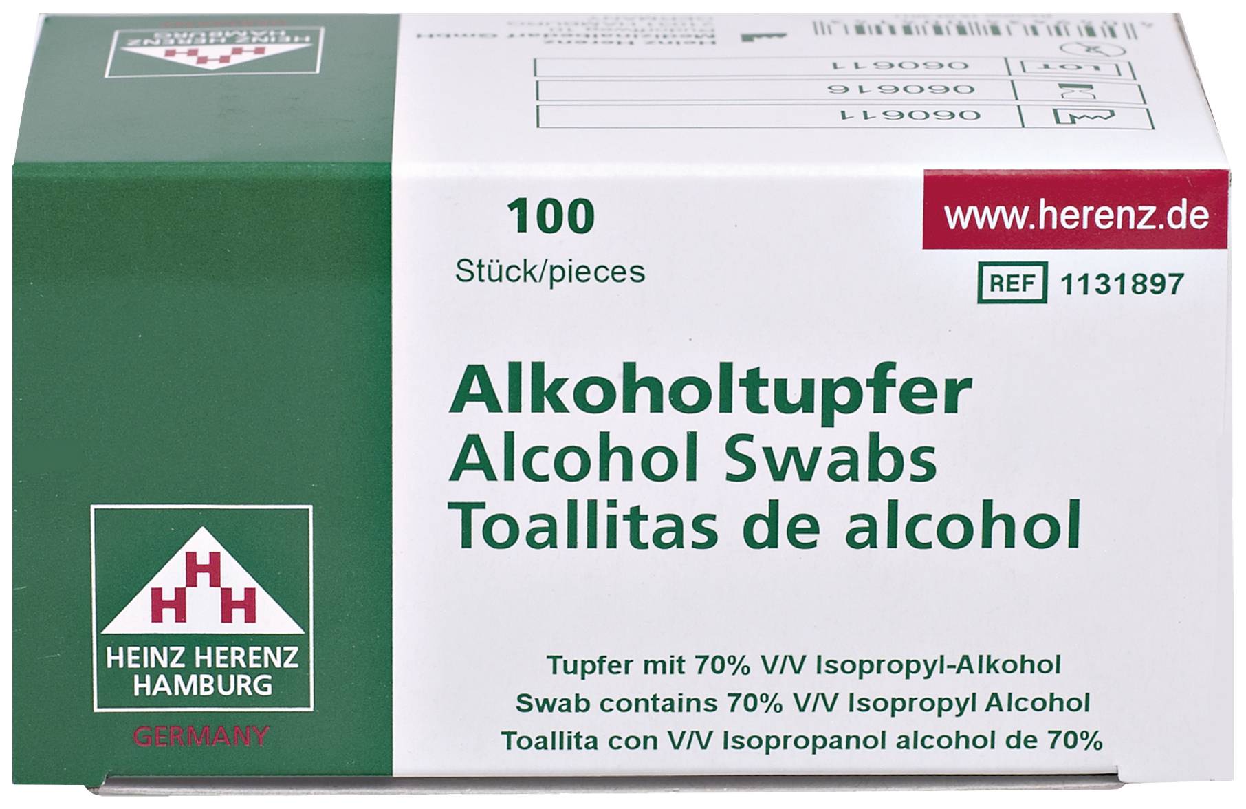 Opakowanie z logo 'Heinz Herenz Hamburg', zawiera 100 nasączonych alkoholem wacików ze 70% alkoholem izopropylowym, z etykietą w wielu językach.