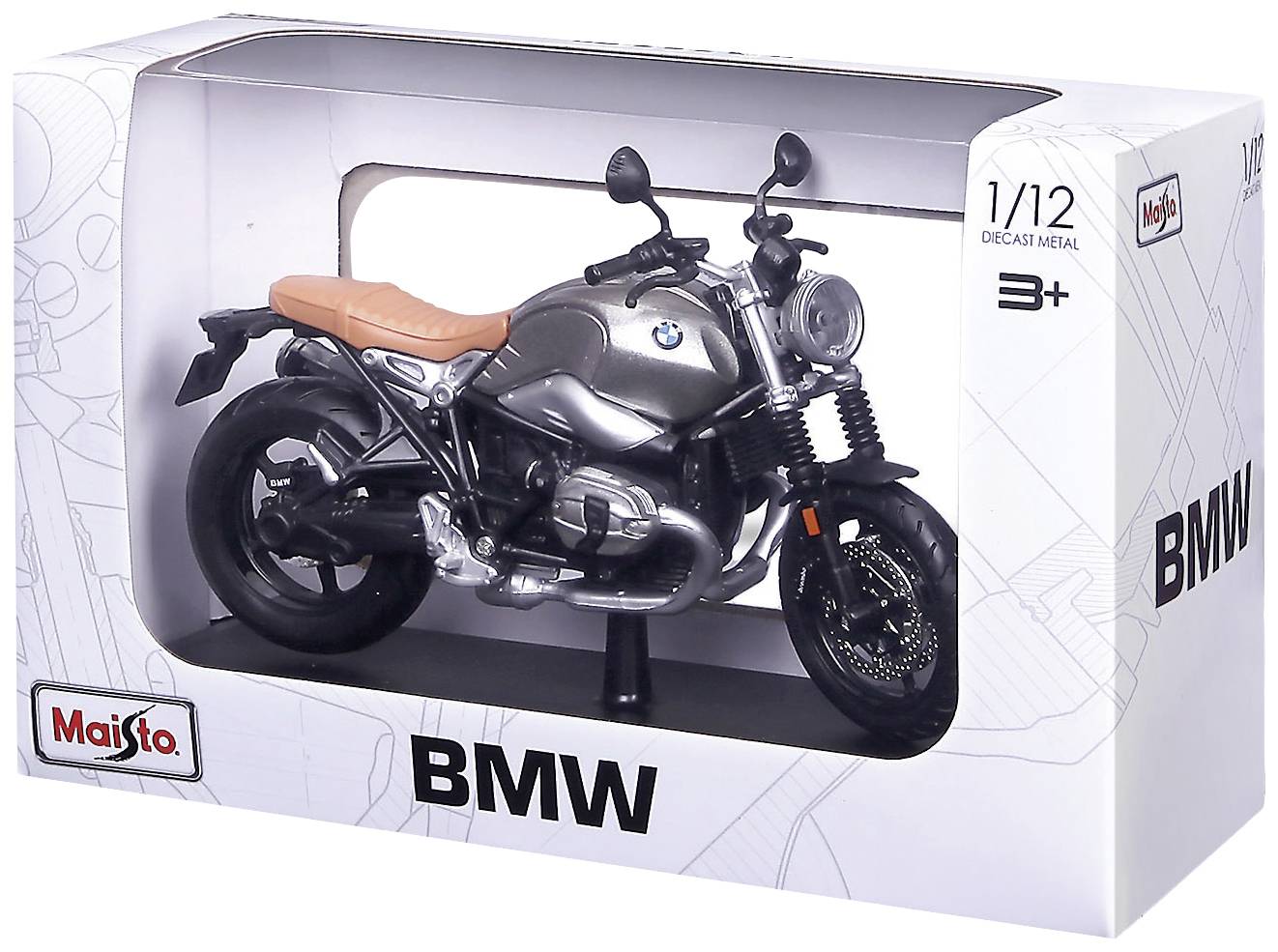 Miniaturowa replika motocykla BMW w skali 1:12 w opakowaniu firmy Maisto, przeznaczona dla osób powyżej 3 roku życia.