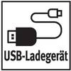 Symbol ładowarki USB z kablem i wtyczką, biały na czarnym tle. Napis: Ładowarka USB.