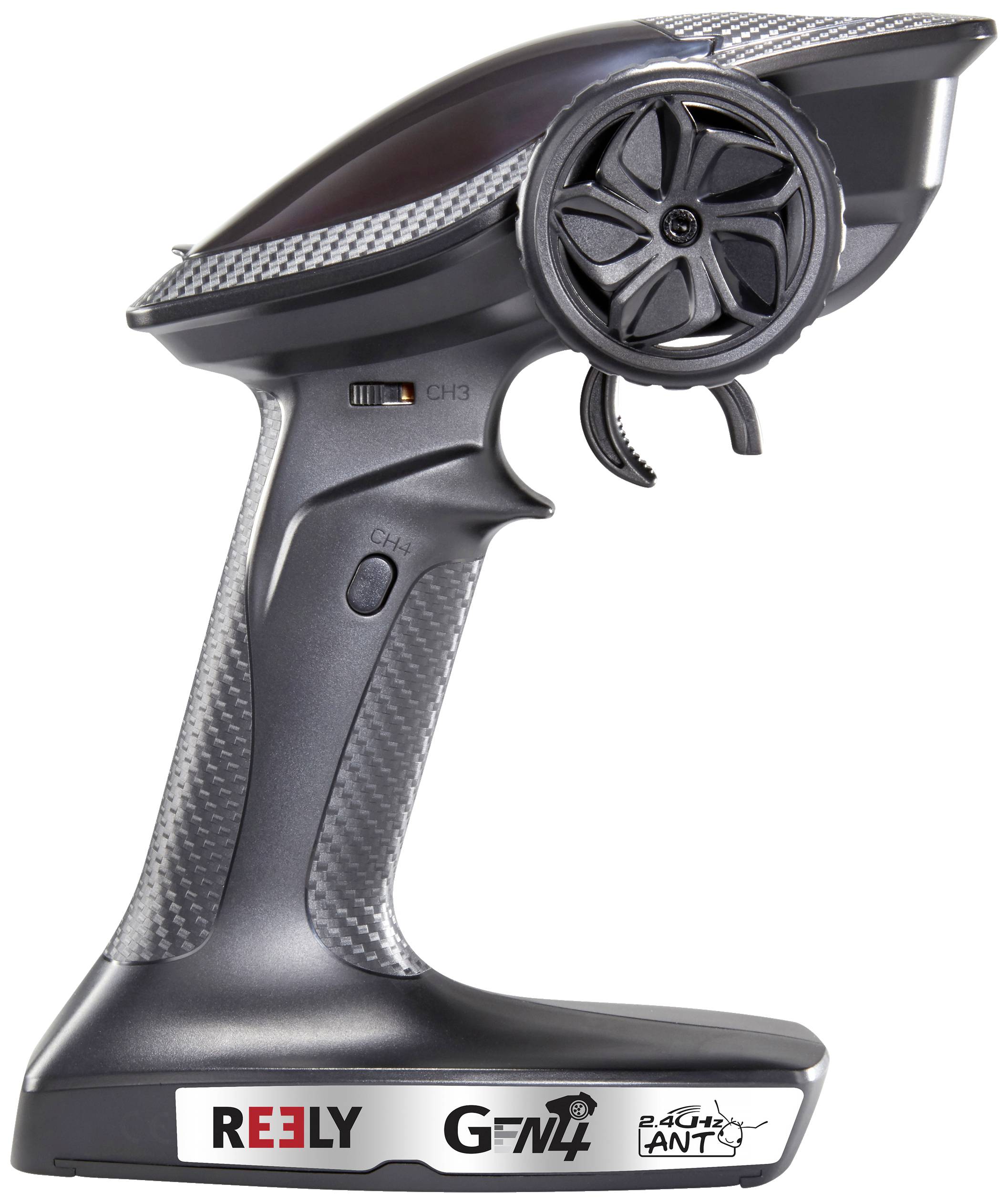 Pilot zdalnego sterowania w kolorze czarnym z dwoma kanałami, prostym designem i ergonomicznym uchwytem, odpowiedni do pojazdów zdalnie sterowanych.