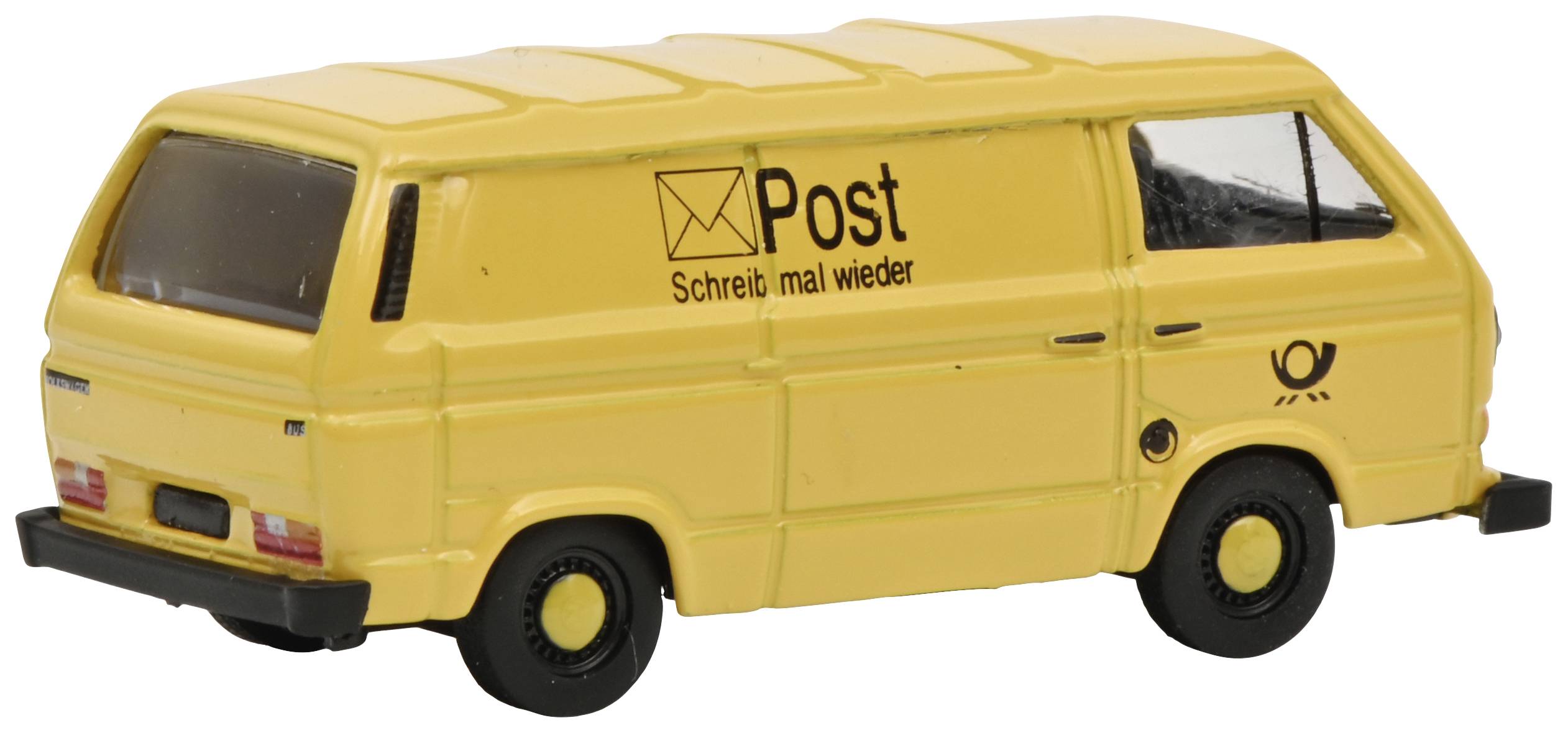Żółty model samochodu pocztowego z czarnym napisem 'Post' i nadrukiem logo.