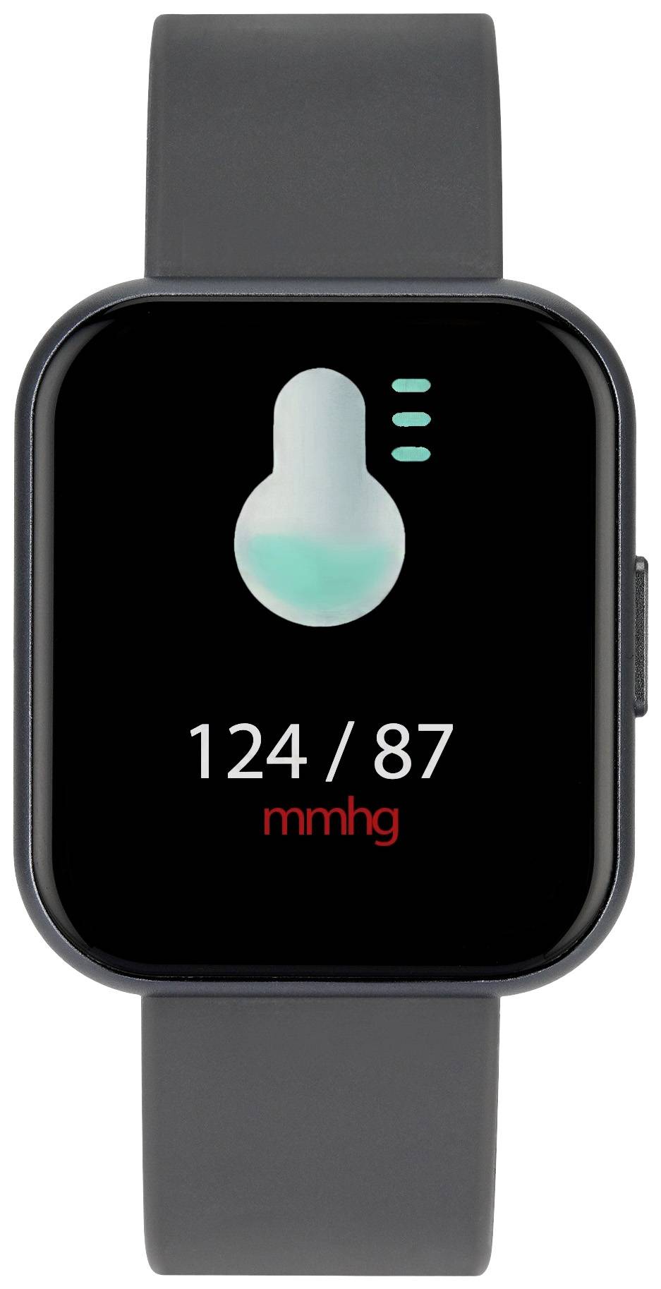 Smartwatch wyświetla na ekranie: Pomiar ciśnienia krwi '124/87 mmHg'. U góry symbol termometru z niebieskimi słupkami.