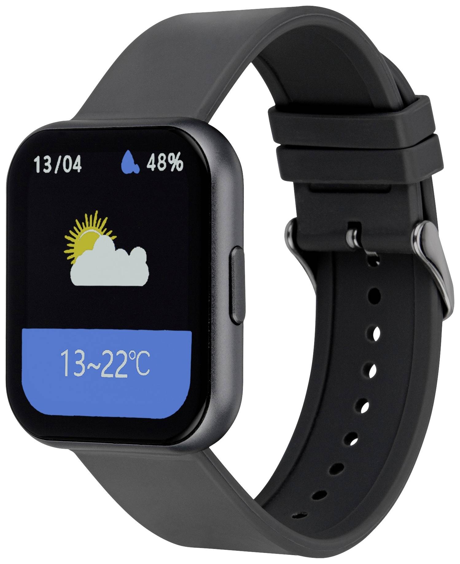 Smartwatch z informacją o pogodzie: Słonecznie z chmurami, temperatura od 13 do 22°C. Stan baterii 48%, data 13 kwietnia. Czarna opaska.