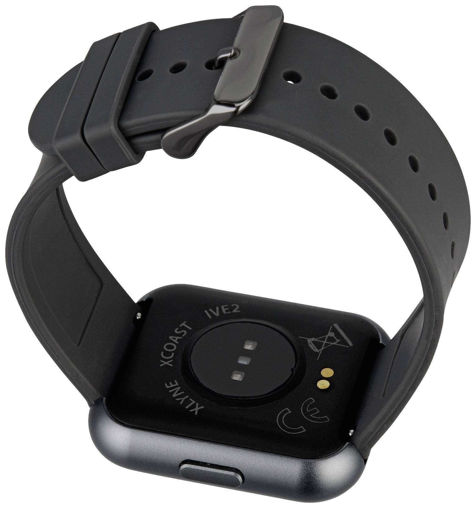 Smartwatch z czarnym paskiem i srebrną obudową, tylna strona przedstawia czujnik tętna i punkty ładowania.