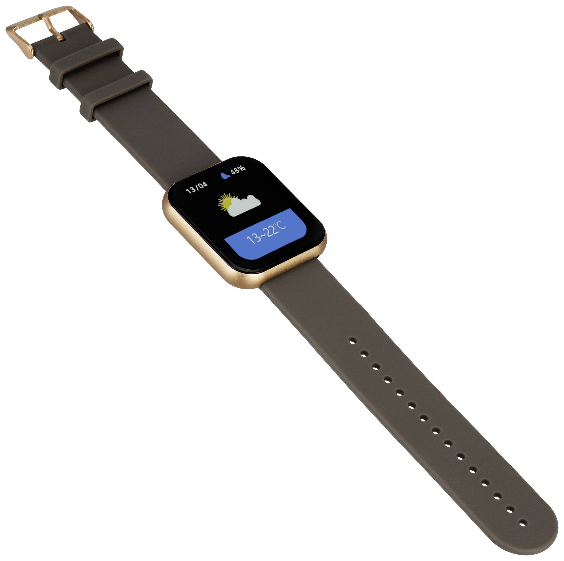 Smartwatch z czarnym paskiem wyświetla na ekranie słoneczną pogodę, 13 stopni Celsjusza i 60% poziomu baterii.