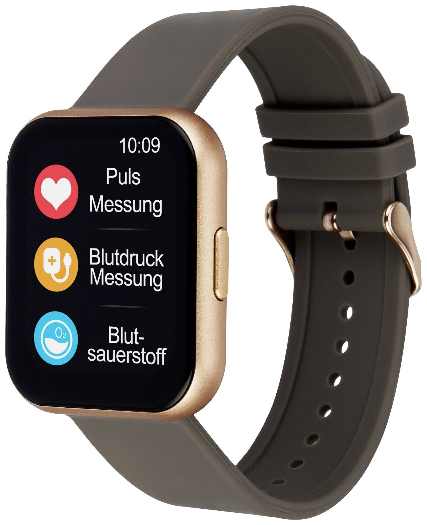 Smartwatch z obudową w kolorze złotym wyświetla aktualną godzinę 10:09 oraz funkcje zdrowotne, takie jak pomiar pulsu i ciśnienia krwi.