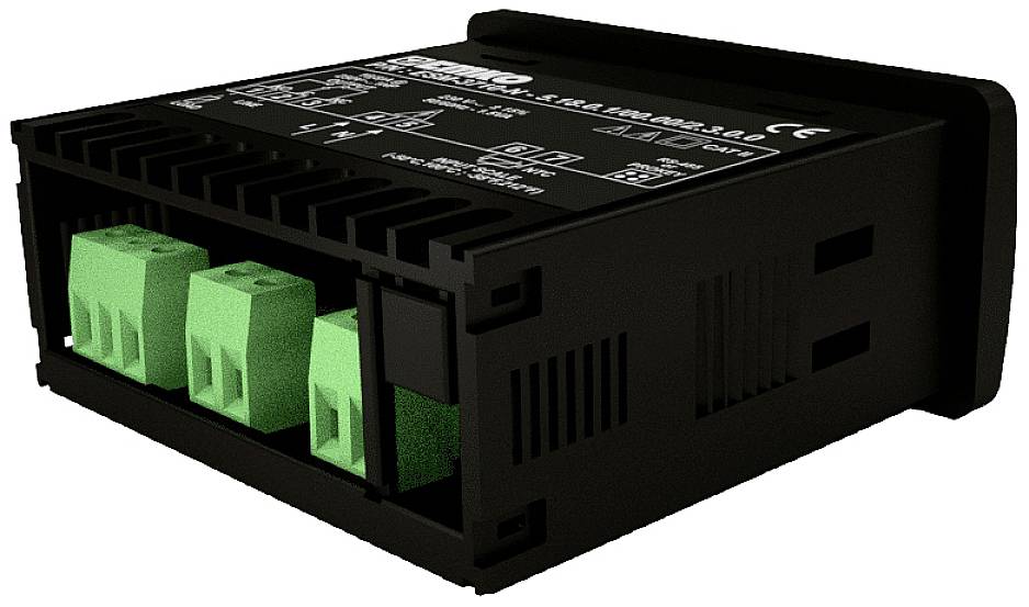 Czarne urządzenie elektroniczne z zielonymi złączami z przodu, prawdopodobnie przetwornik prądu lub jednostka sterująca.