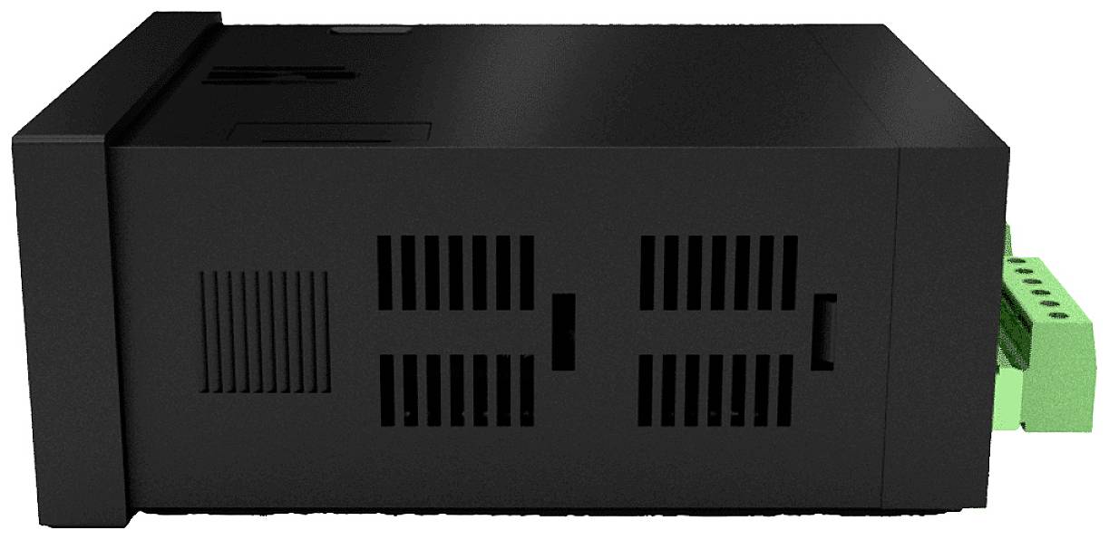 Czarne urządzenie elektryczne z otworami wentylacyjnymi i zielonymi złączami z boku, prawdopodobnie moduł przemysłowy.