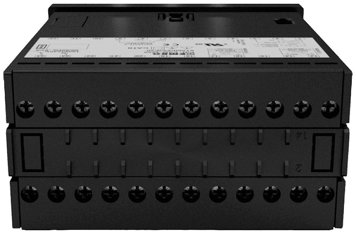 Elektryczne moduł przekaźnikowy z wieloma złączami śrubowymi, odpowiedni do montażu w szafach sterowniczych. Górna powierzchnia prezentuje specyfikację techniczną.