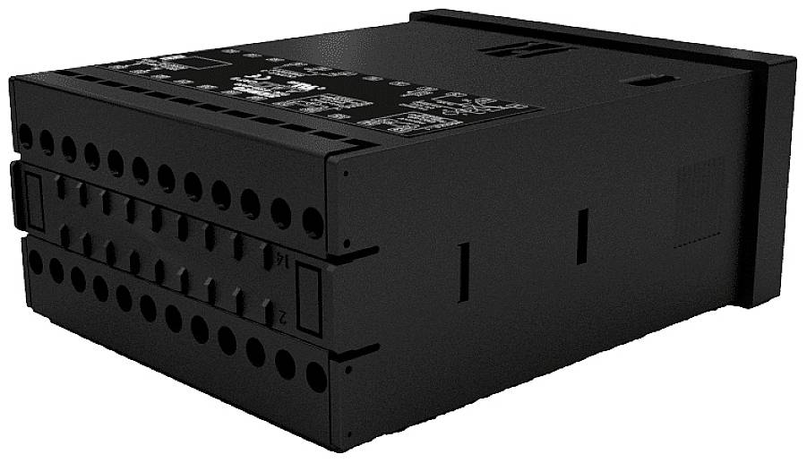 Czarne urządzenie elektroniczne z wieloma złączami i oznaczeniami na górnej powierzchni, prawdopodobnie urządzenie sterujące lub kontrolne.