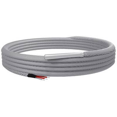 Szary, spiralny kabel z odsłoniętymi przewodami w kolorach czerwonym i czarnym na końcu, odpowiedni do instalacji elektronicznych.