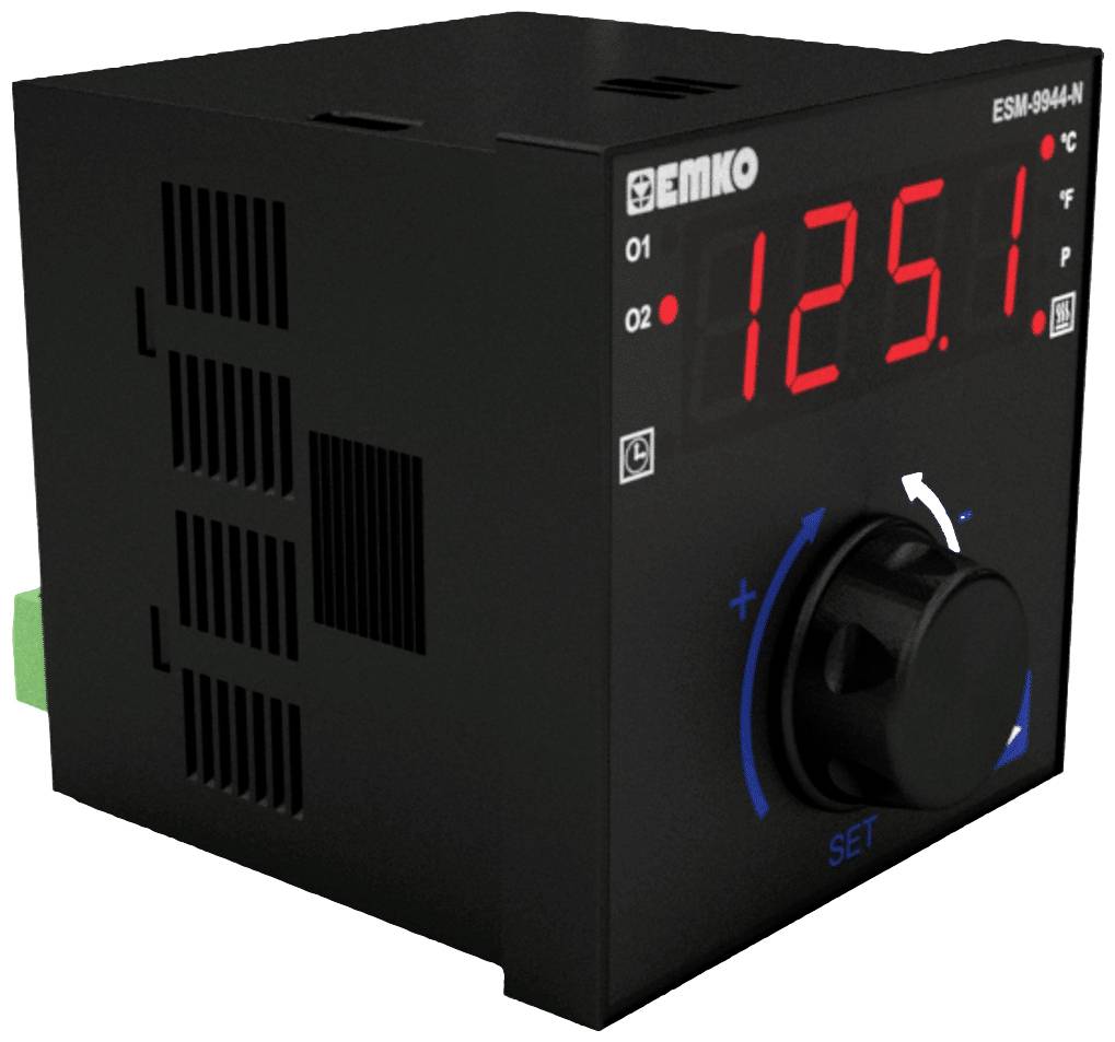 Cyfrowe urządzenie sterujące temperaturą z czerwonym wyświetlaczem LED pokazuje '125,1°C', z pokrętłem do regulacji, marka 'EMKO'.