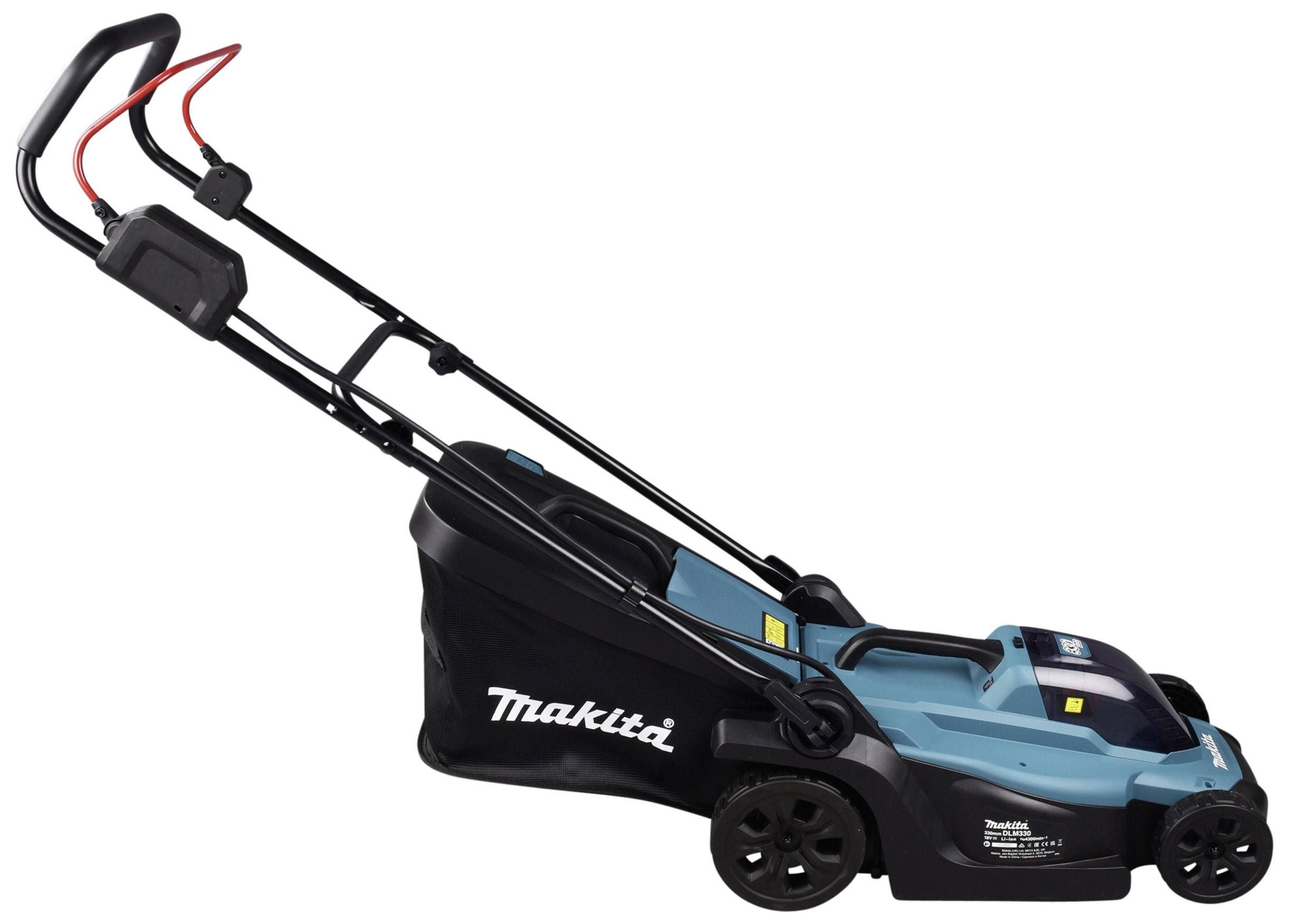 Bezprzewodowa kosiarka w kolorach czarnym i niebieskim. Kosiarka posiada ergonomiczny uchwyt oraz tylny kosz na trawę.