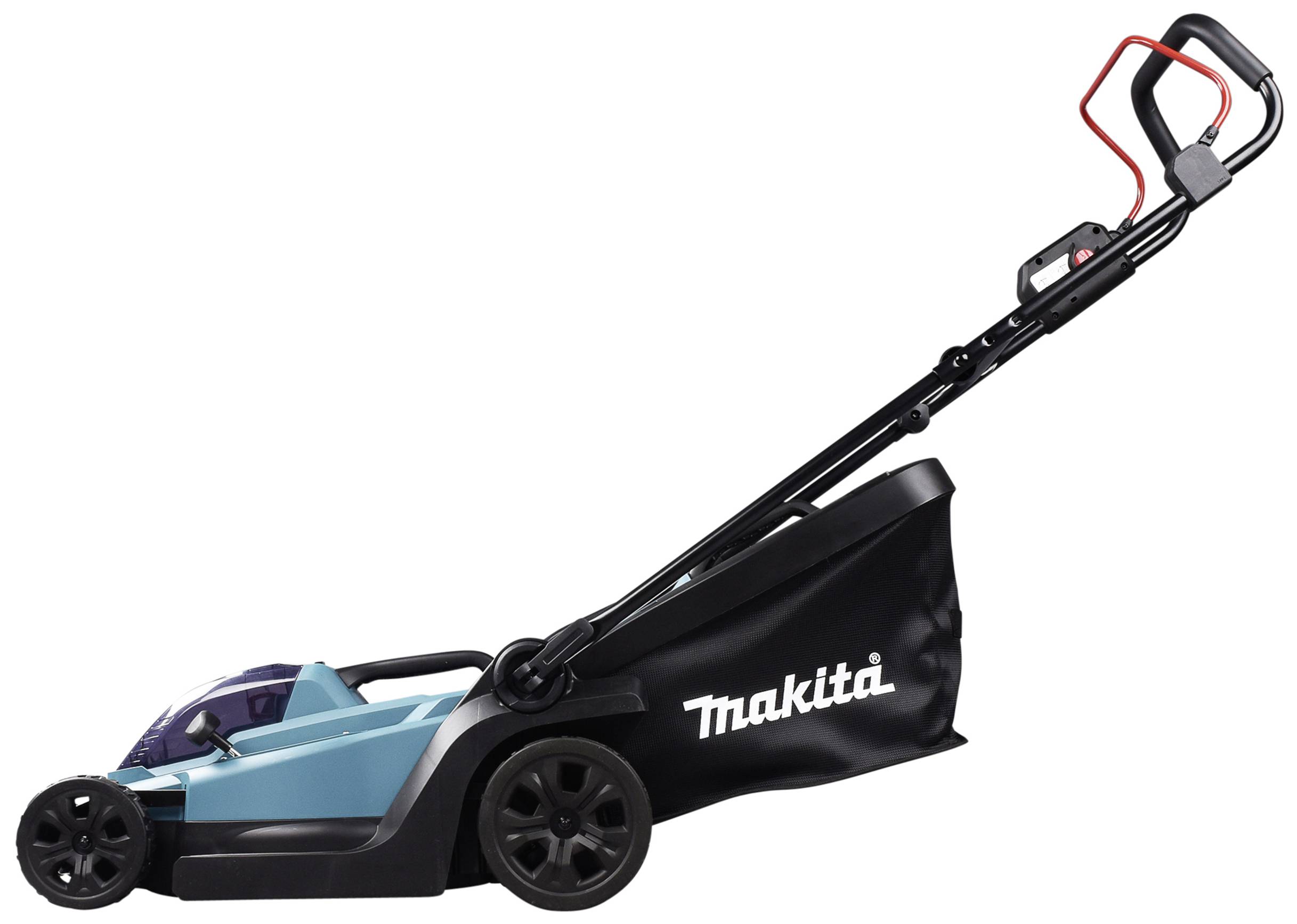 Niebieski, elektryczny kosiarka marki Makita z czarnym koszem na trawę, widziana z boku.