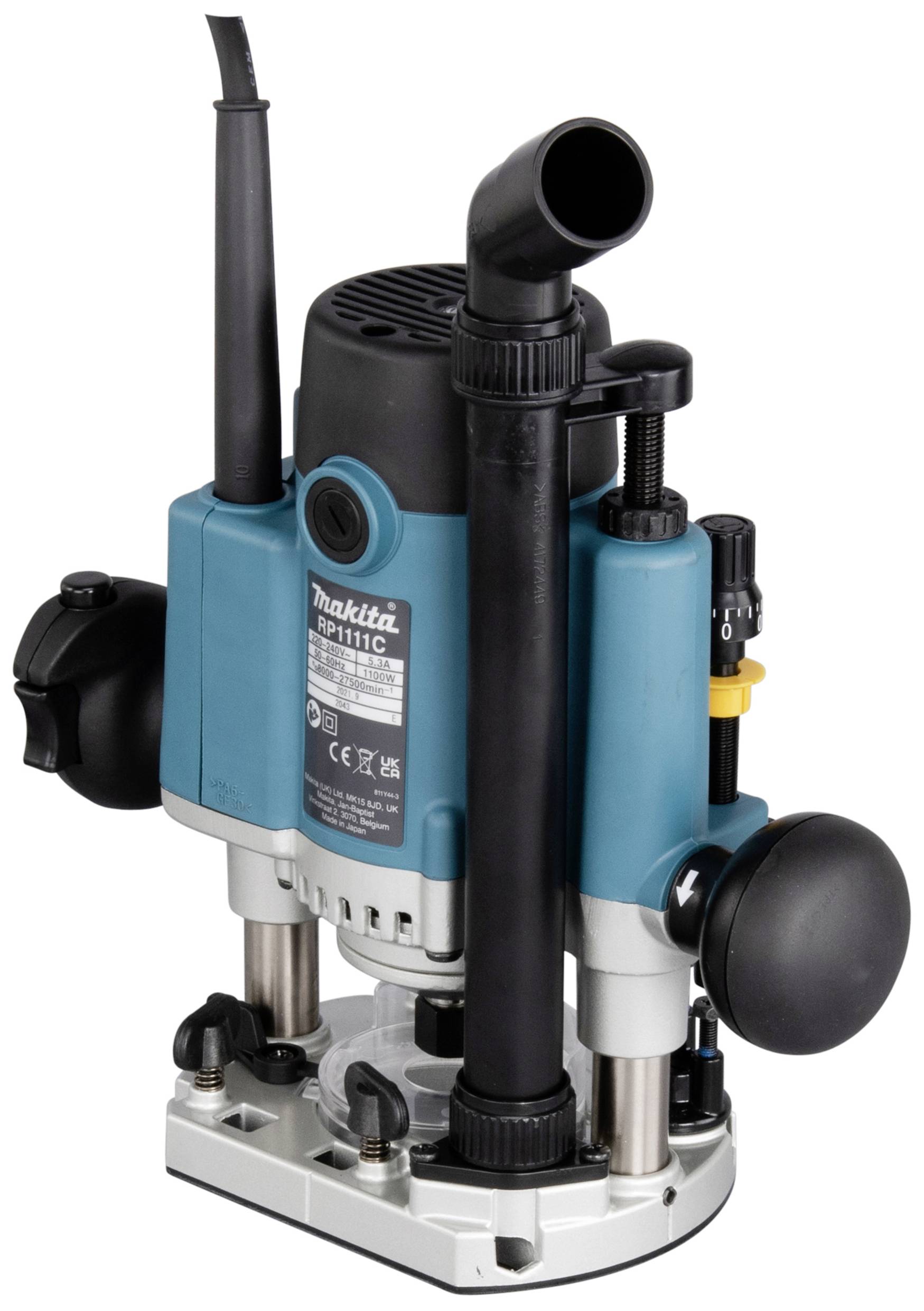 Niebieska i czarna frezarka górnowrzecionowa z wtyczką sieciową i elementami sterującymi. Marka urządzenia jest widoczna na obudowie.