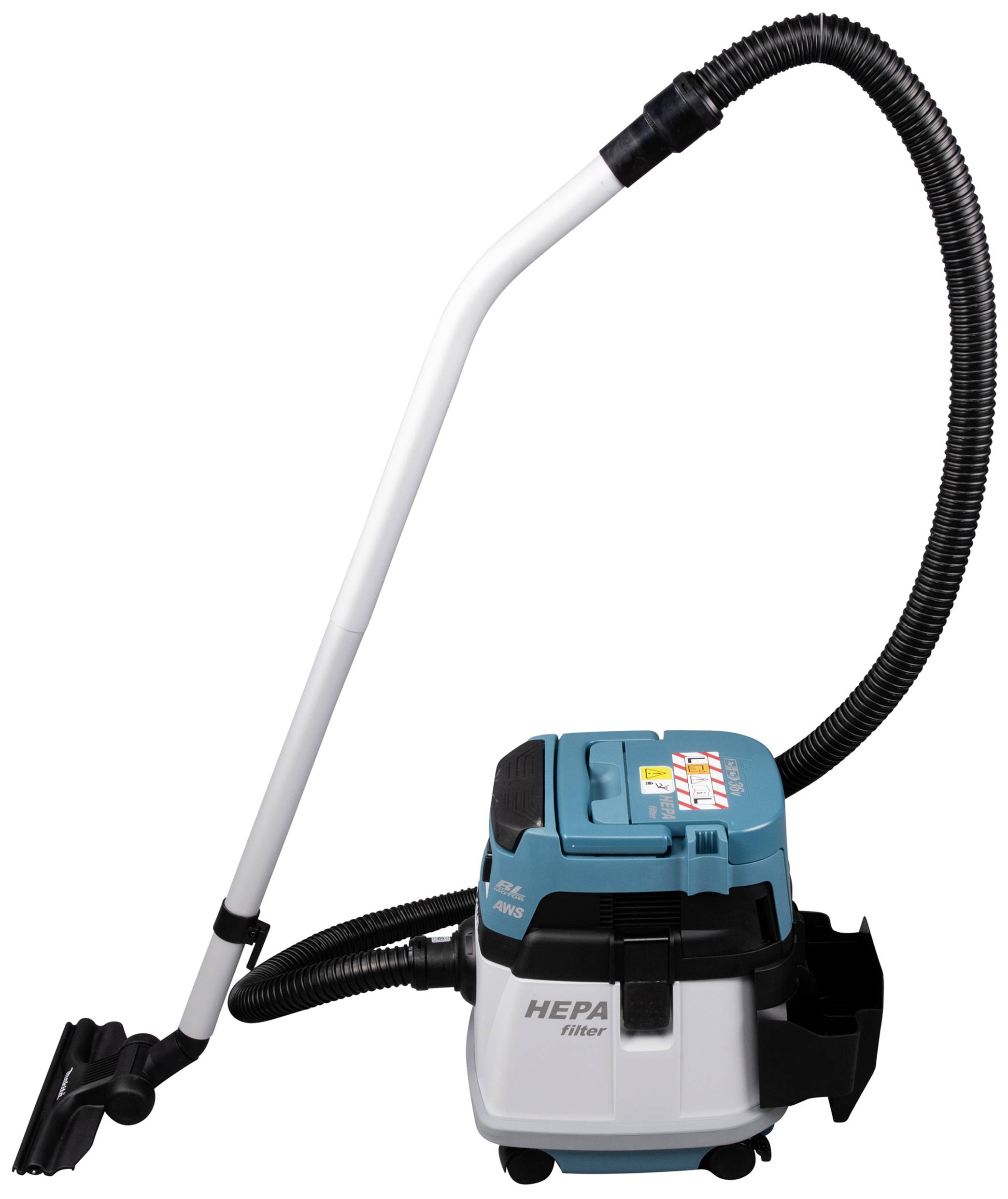 Odkurzacz z filtrem HEPA, biało-niebieski, stojący pionowo z czarną rurą ssącą i wężem. Odpowiedni do sprzątania.