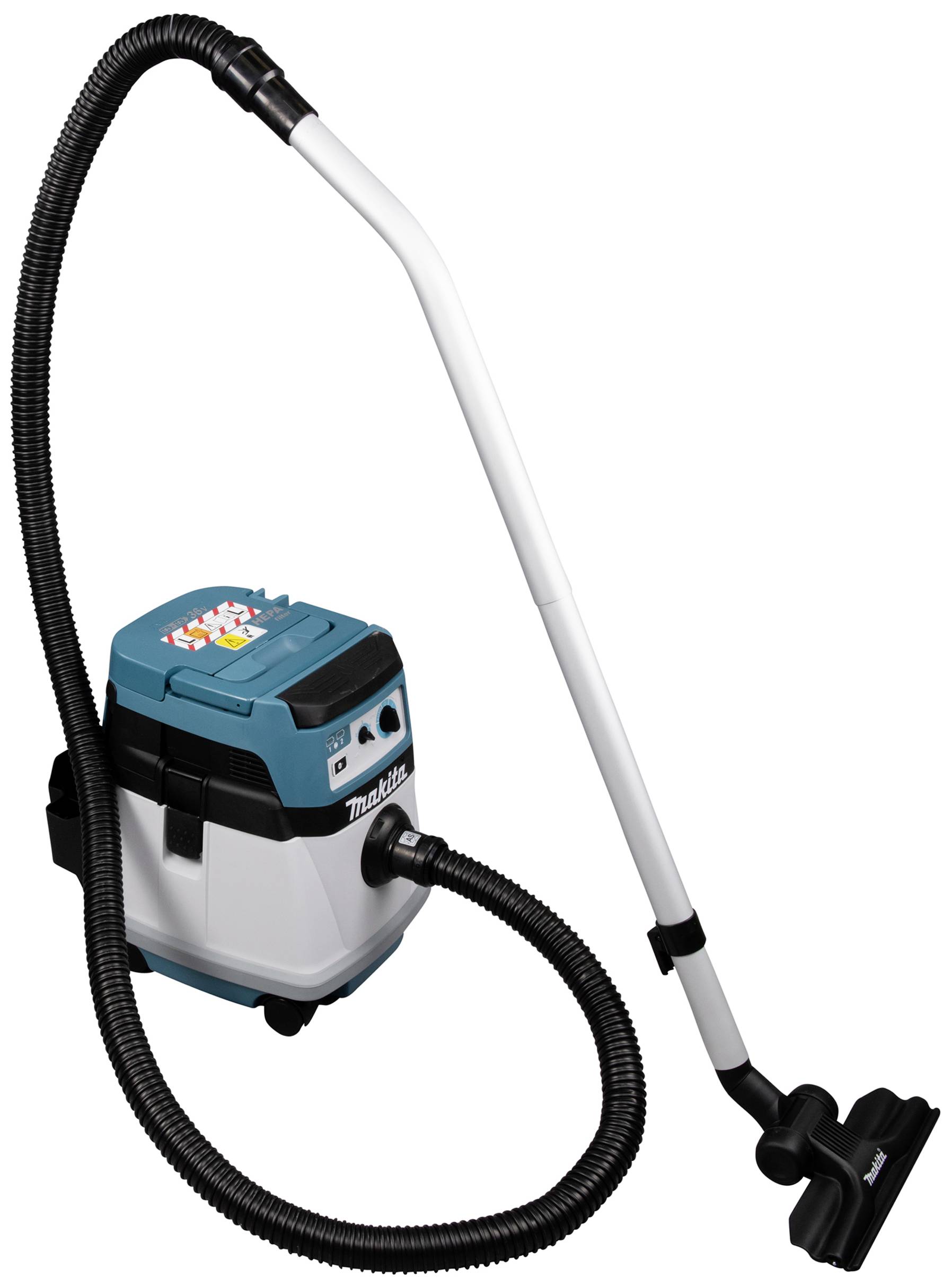 Przenośny odkurzacz o niebiesko-białym designie, z długą rurą ssącą i nakładką szczotkową do wydajnego sprzątania.