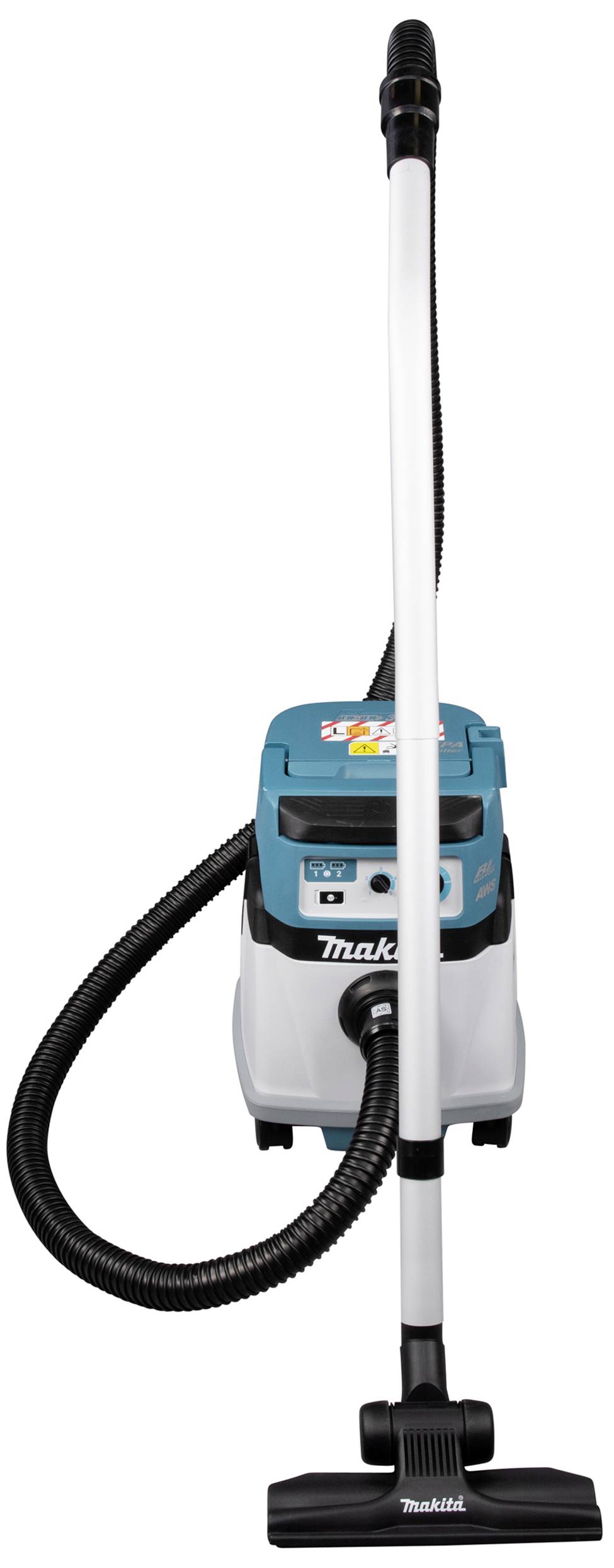 Odkurzacz z niebieską obudową i czarnym wężem. Odkurzacz posiada długą, białą rurę i szczotkę do podłogi.