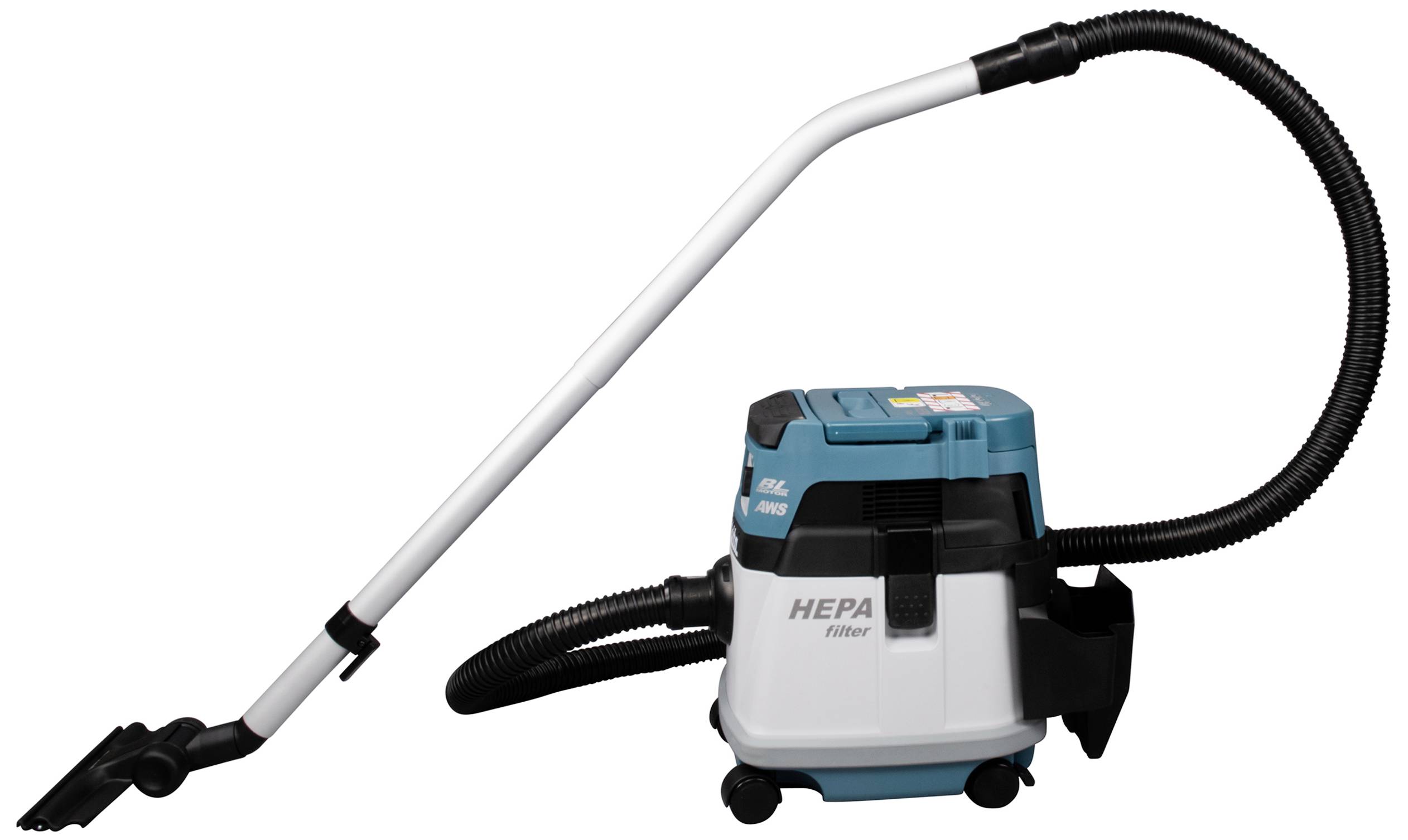 Odkurzacz z filtrem HEPA, niebiesko-biały, z długą rurą ssącą i kółkami dla zwiększonej mobilności. Idealny do czystego powietrza w pomieszczeniach.