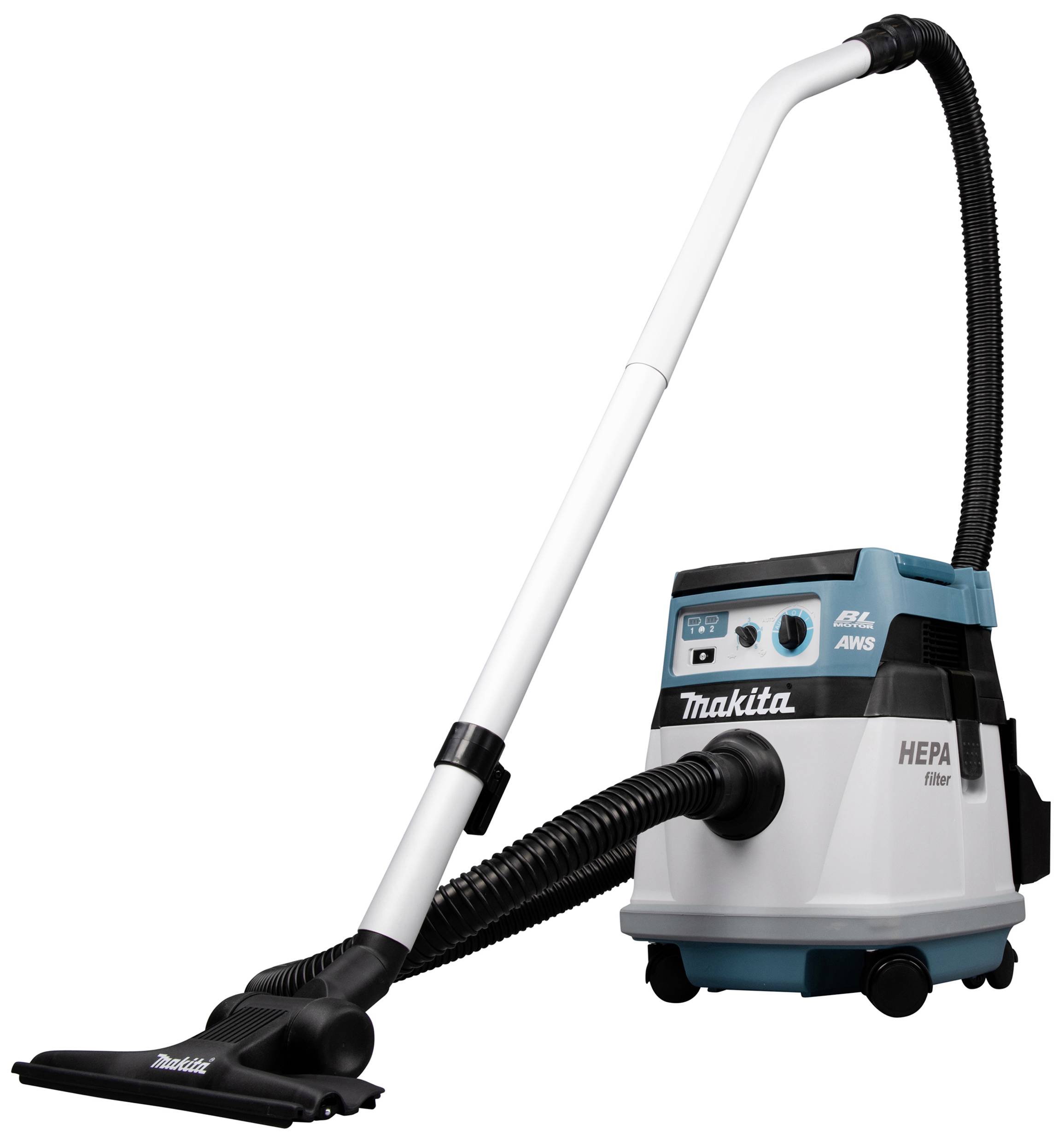 Odkurzacz z filtrem HEPA, w niebiesko-białym designie, z długim wężem i końcówką; idealny do wydajnego i dokładnego sprzątania.