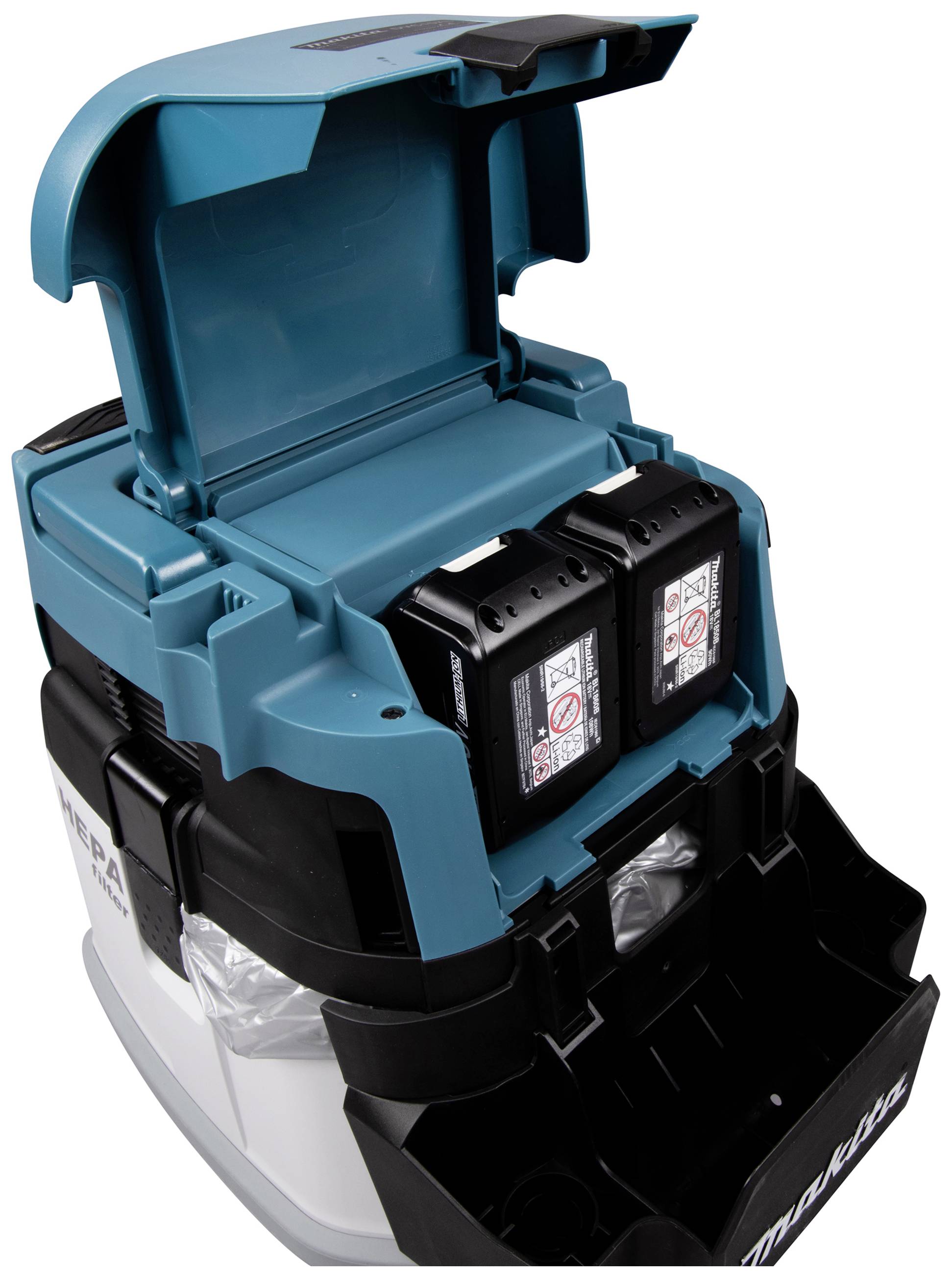 Bezprzewodowy odkurzacz przemysłowy z otwartą komorą, prezentujący dwie baterie. Idealny do pracy w miejscach pozbawionych dostępu do zasilania sieciowego.