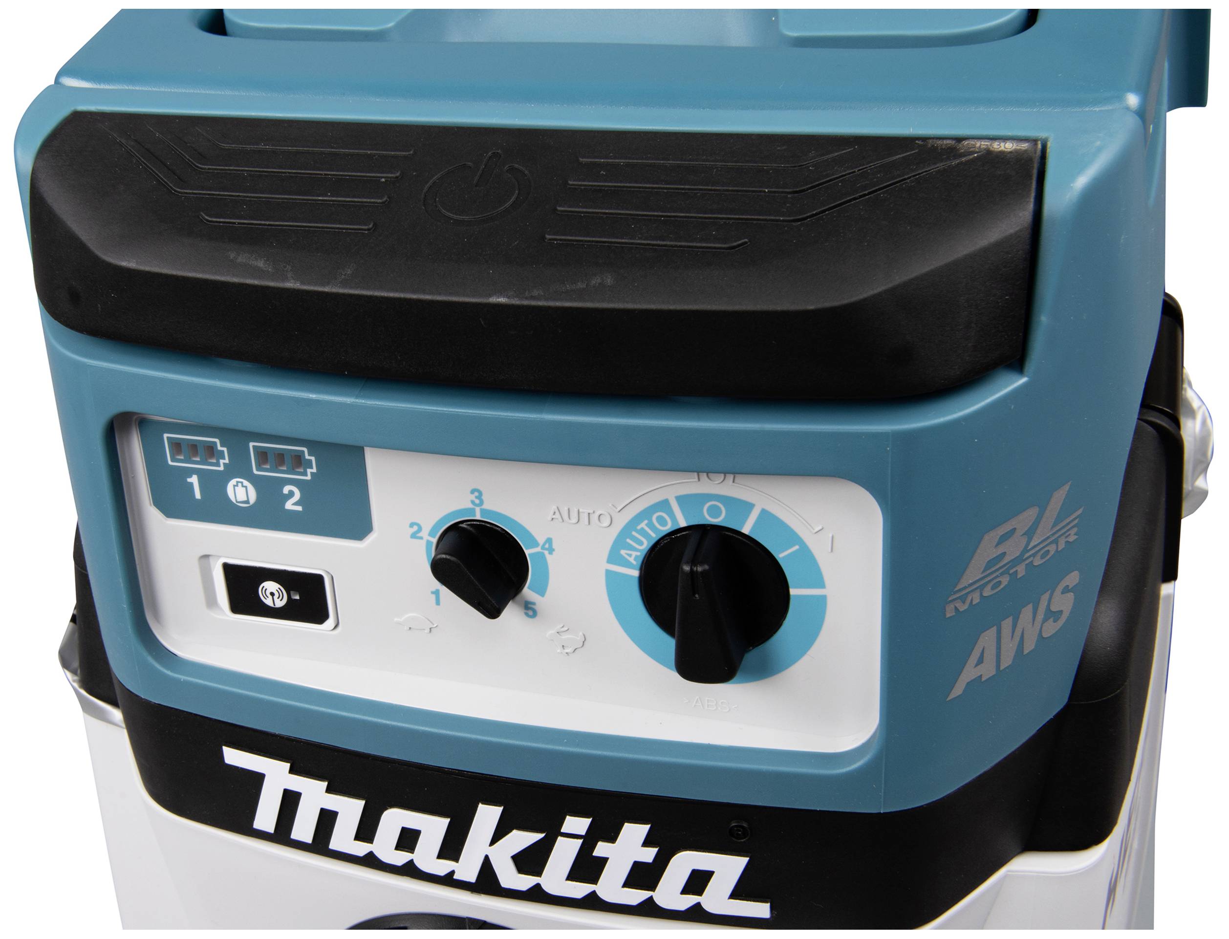 Odkurzacz Makita z technologią AWS, silnikiem bezszczotkowym (BL) i elementami sterującymi do regulacji wydajności. Model: Makita AWS Silnik BL.