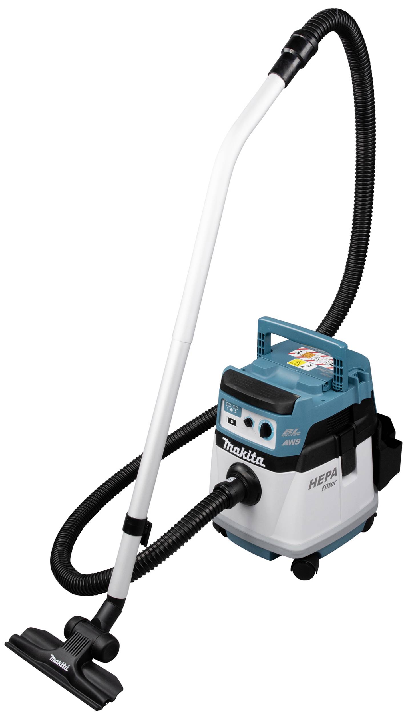 Przemysłowy odkurzacz z filtrem HEPA, niebiesko-biały. Elastyczny wąż z szeroką końcówką ssącą. Odpowiedni do sprzątania placów budów.