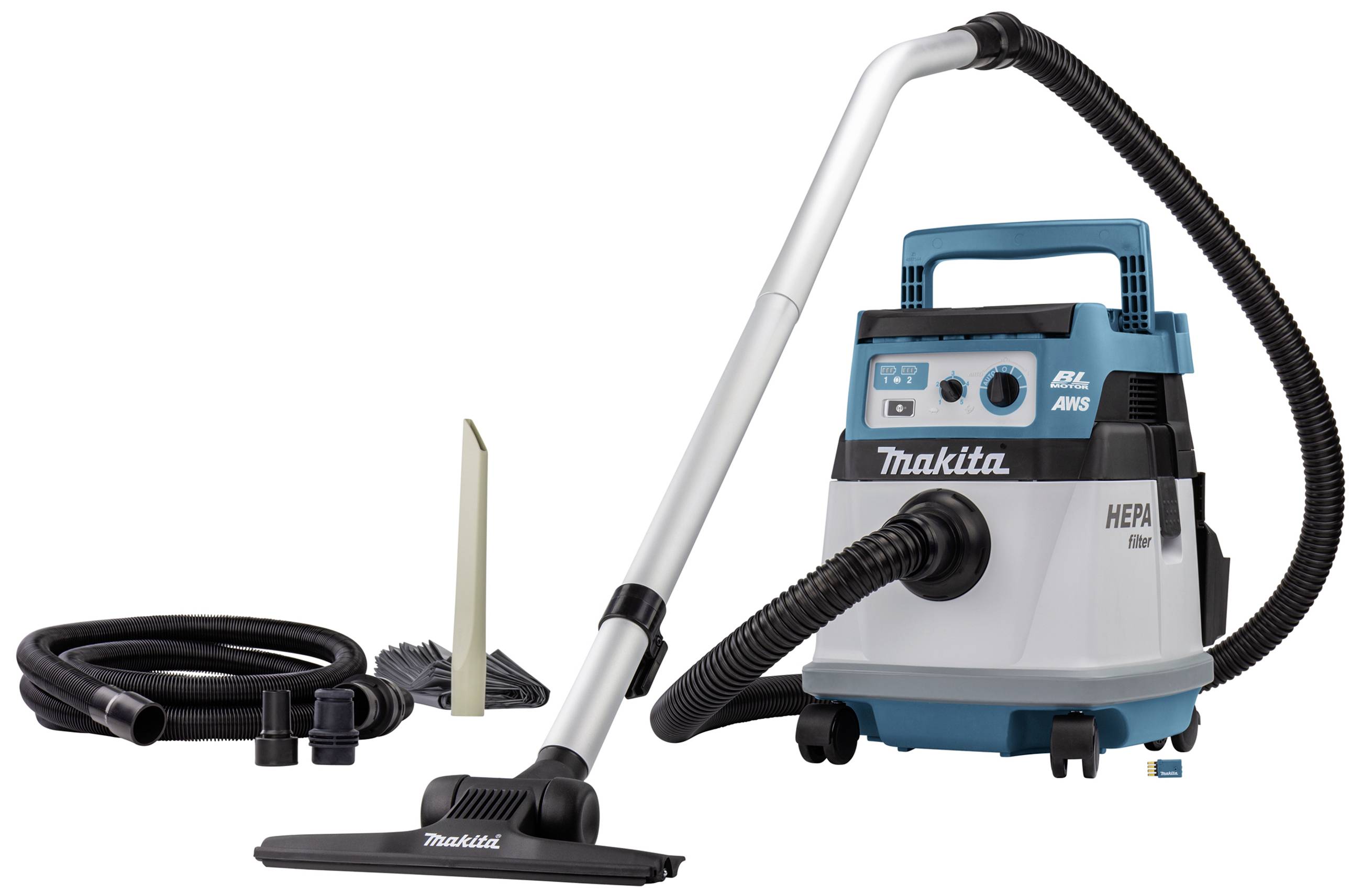Odkurzacz z filtrem HEPA i akcesoriami, w tym wężem, szczotką do szpar i szczotką. Odpowiedni do wydajnego sprzątania.