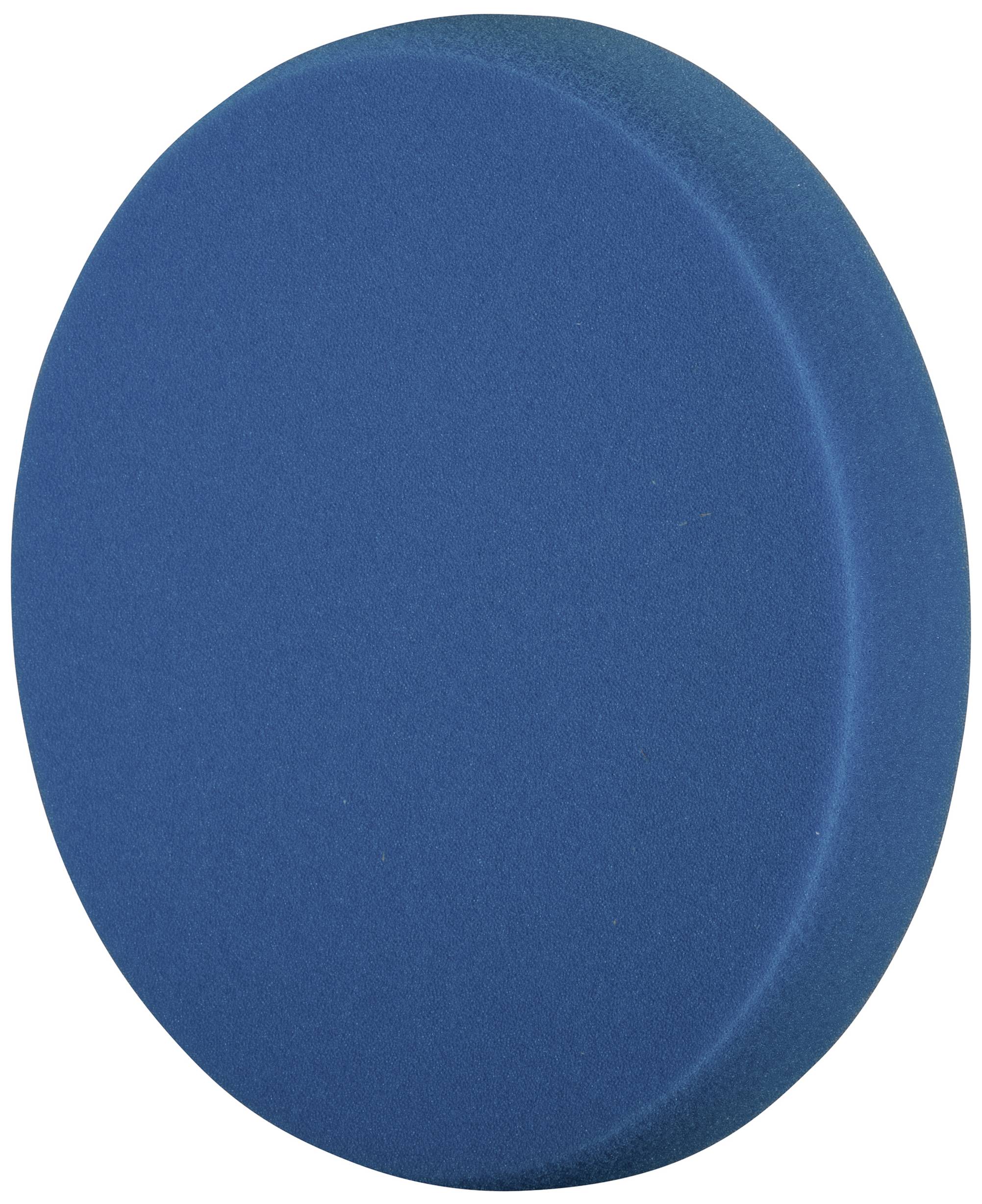 Okrągła, niebieska tarcza polerska z pianki, sfotografowana z boku.