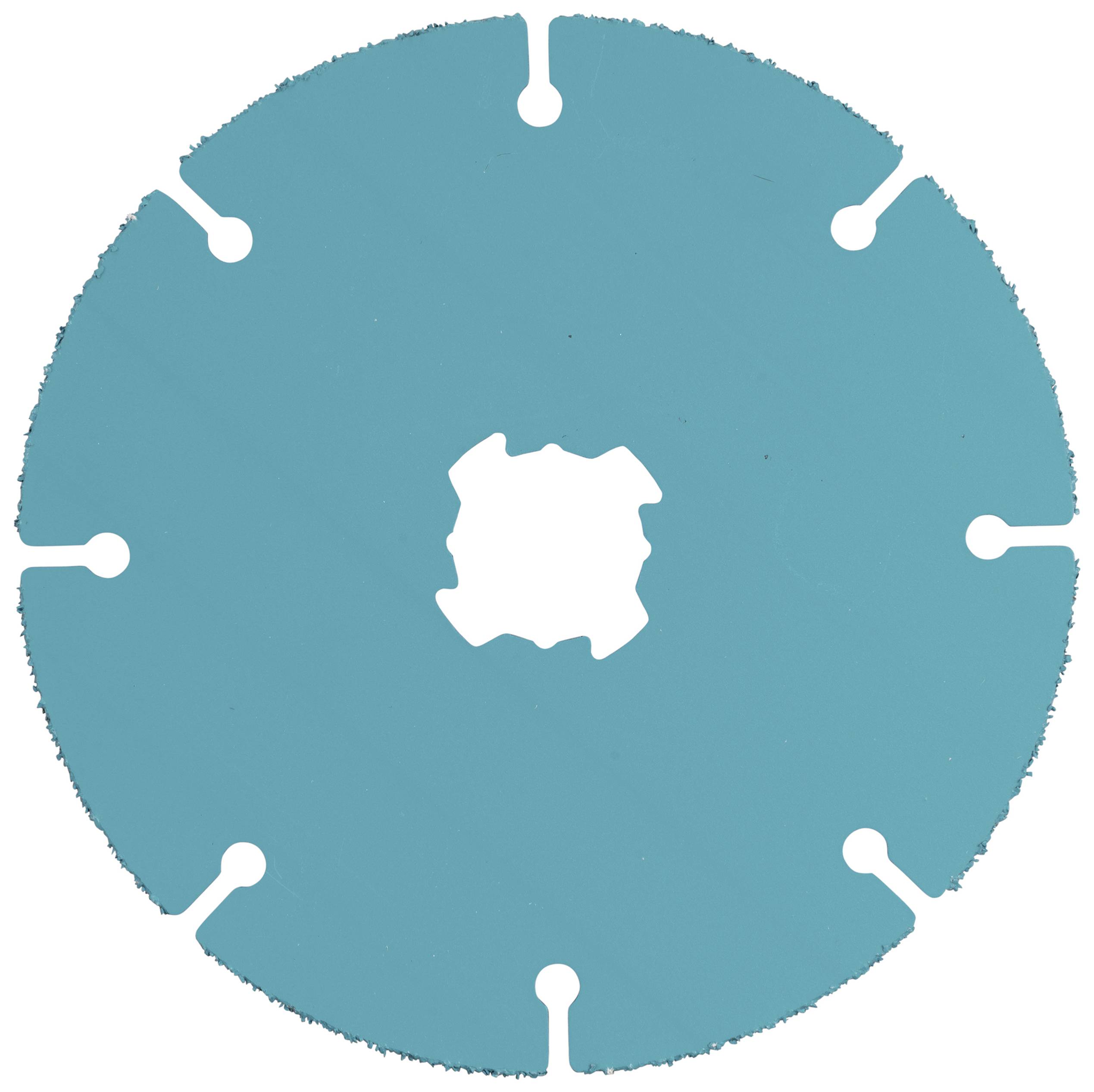 Turkusowa, okrągła tarcza szlifierska z sześcioma nacięciami wzdłuż krawędzi i ząbkowanym otworem pośrodku.