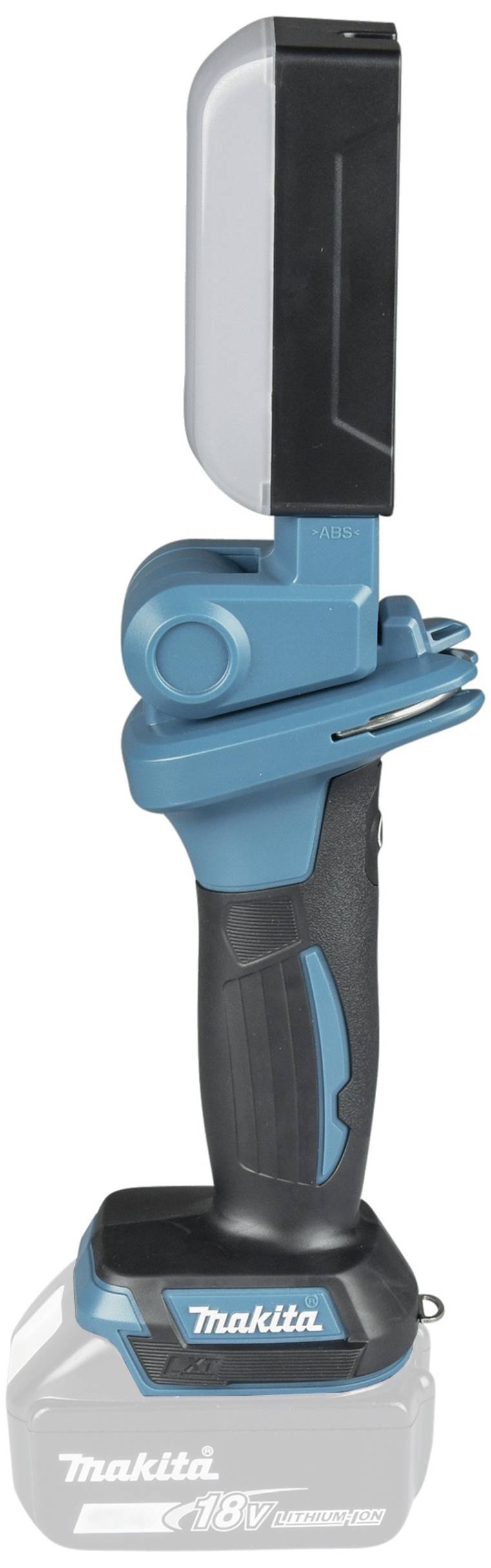 Akumulatorowa lampa robocza w kolorze niebieskim i czarnym, z obrotową głowicą i ergonomicznym uchwytem. Idealna do oświetlenia placu budowy.