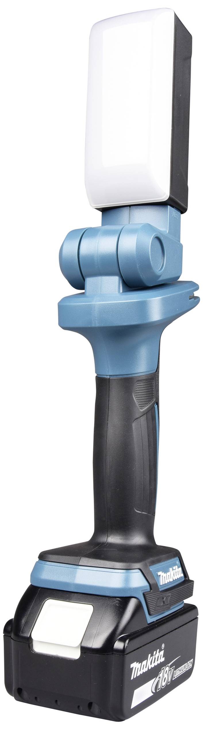 Akumulatorowa lampa robocza LED w kolorze niebieskim i czarnym, z obrotową głowicą umożliwiającą regulację kąta świecenia.