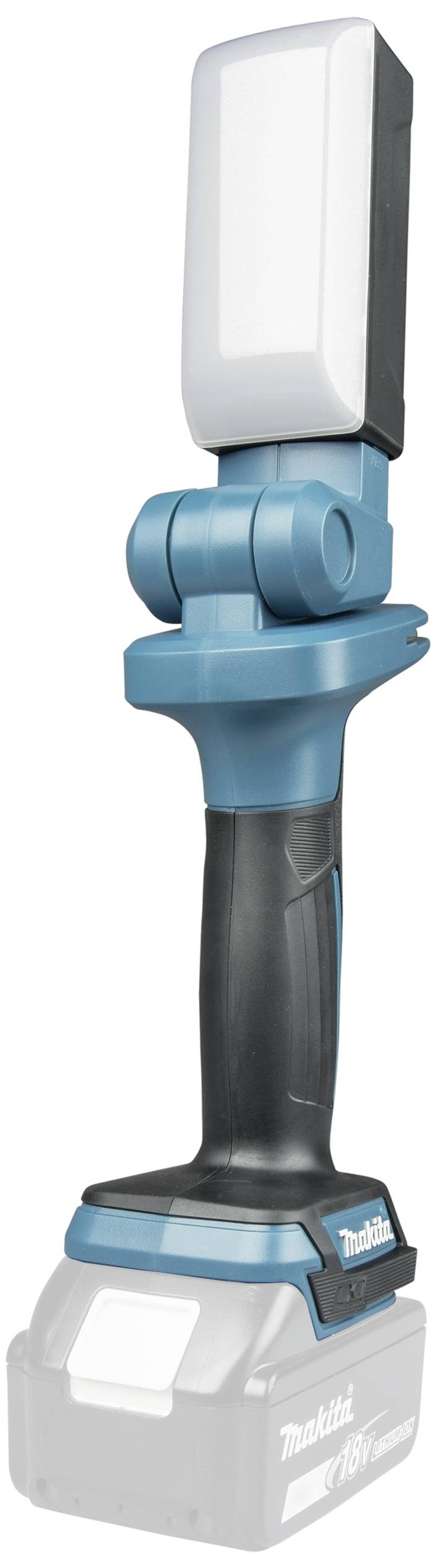 Przenośna lampa robocza LED z regulowaną głowicą, w kolorze niebiesko-czarnym, zasilana akumulatorem. Idealna do elastycznego oświetlenia podczas prac warsztatowych.