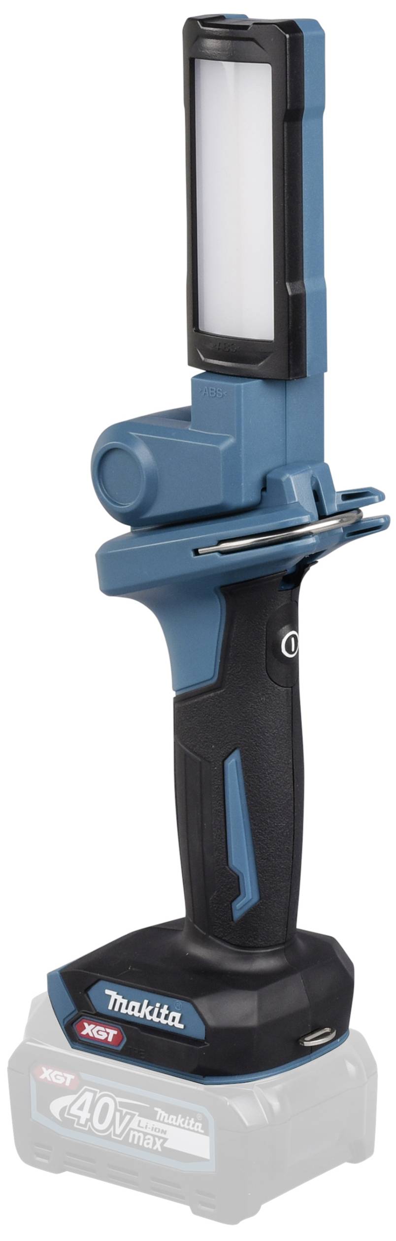 Niebieska akumulatorowa lampa robocza z czarnym uchwytem i obrotową głowicą lampy. Na uchwycie widnieje logo marki 'Makita'.